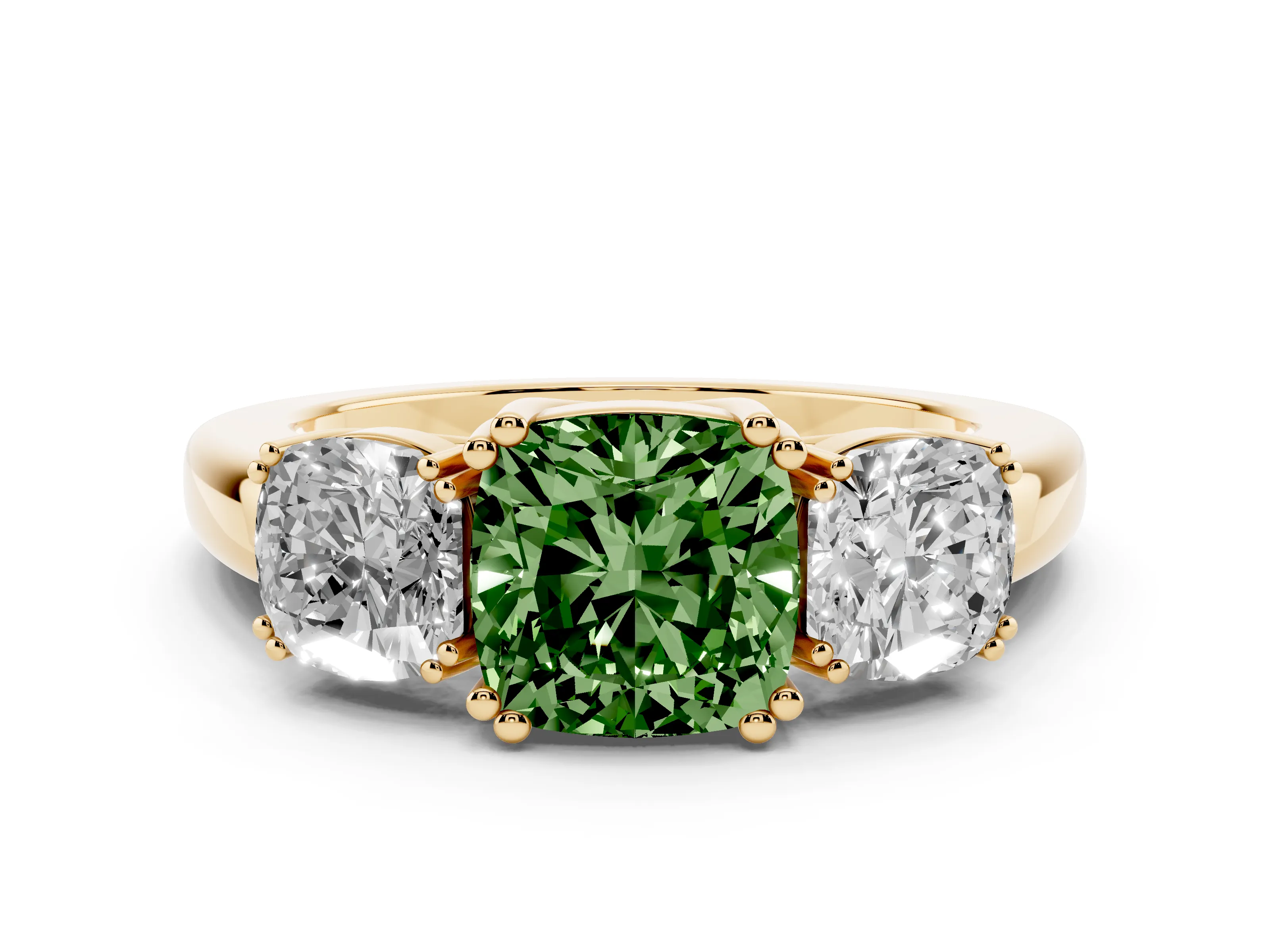 Fancy Green Cushion Cut Diamond Three-Stone Ring Set in Yellow gold with Polished Band and Prong Setting