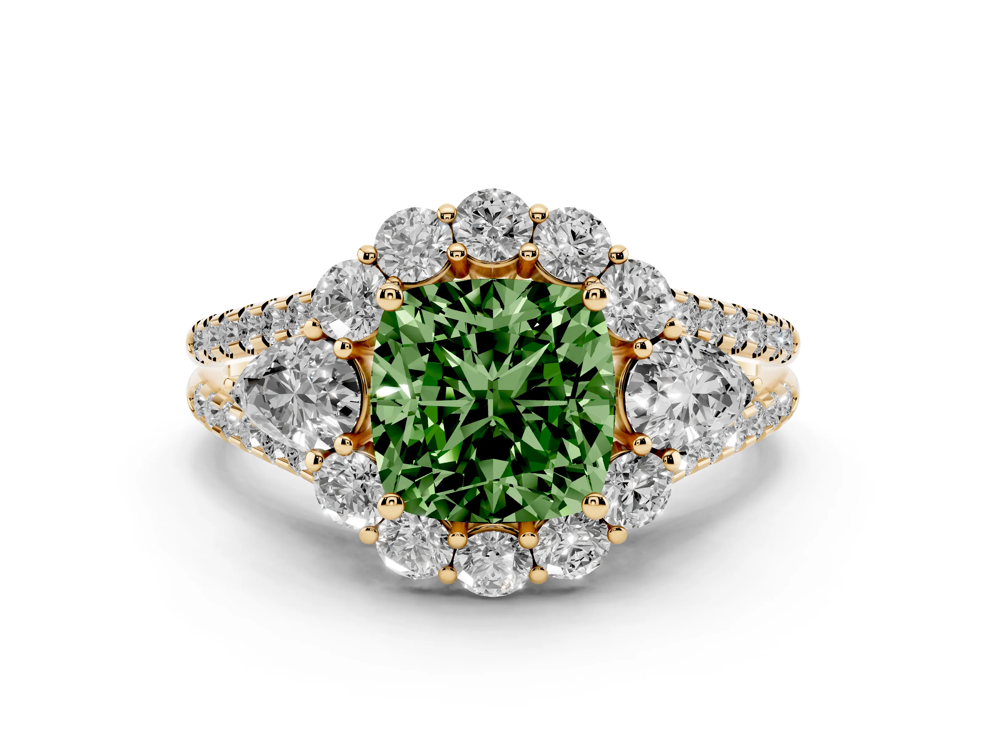 Fancy Green Cushion Cut Diamond Halo Split Shank Engagement Ring Set in Yellow gold with Prong-Held Center Stone