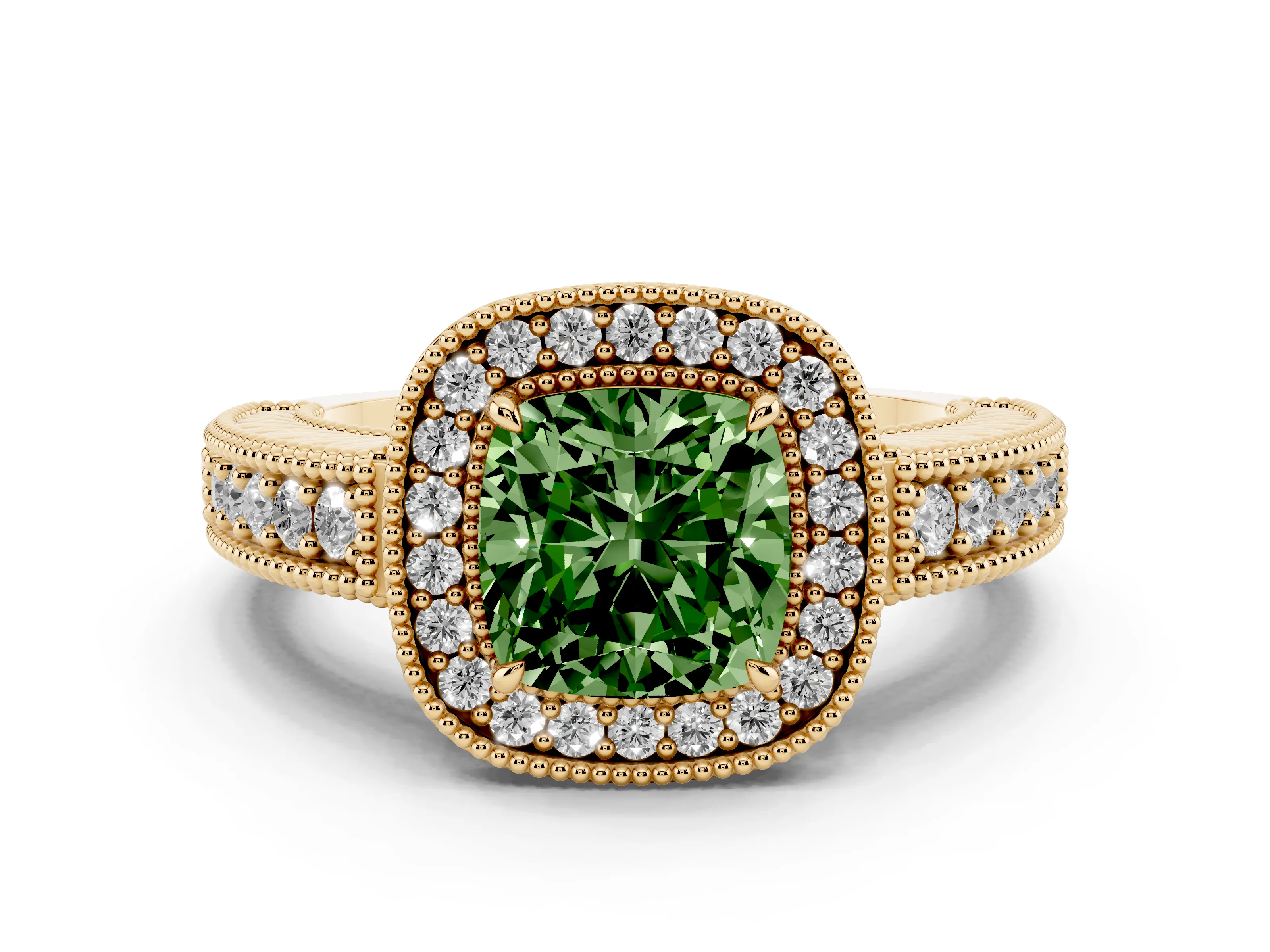 Fancy Green Cushion Cut Diamond Halo Ring Set in Yellow gold with Round Accent Halo, Pavé Band and Prong Setting