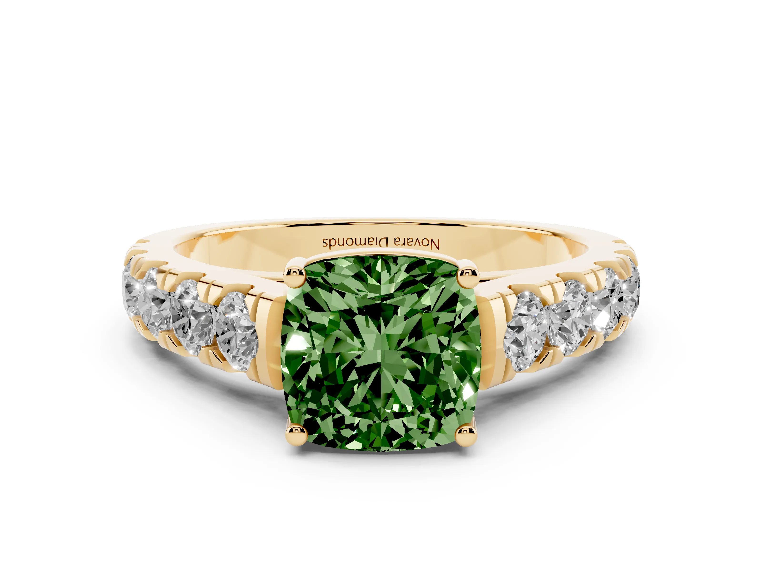 Fancy Green Cushion Cut Diamond Solitaire Ring Set in Yellow gold with Cut-Down Micro Pavé Band and Prong Setting