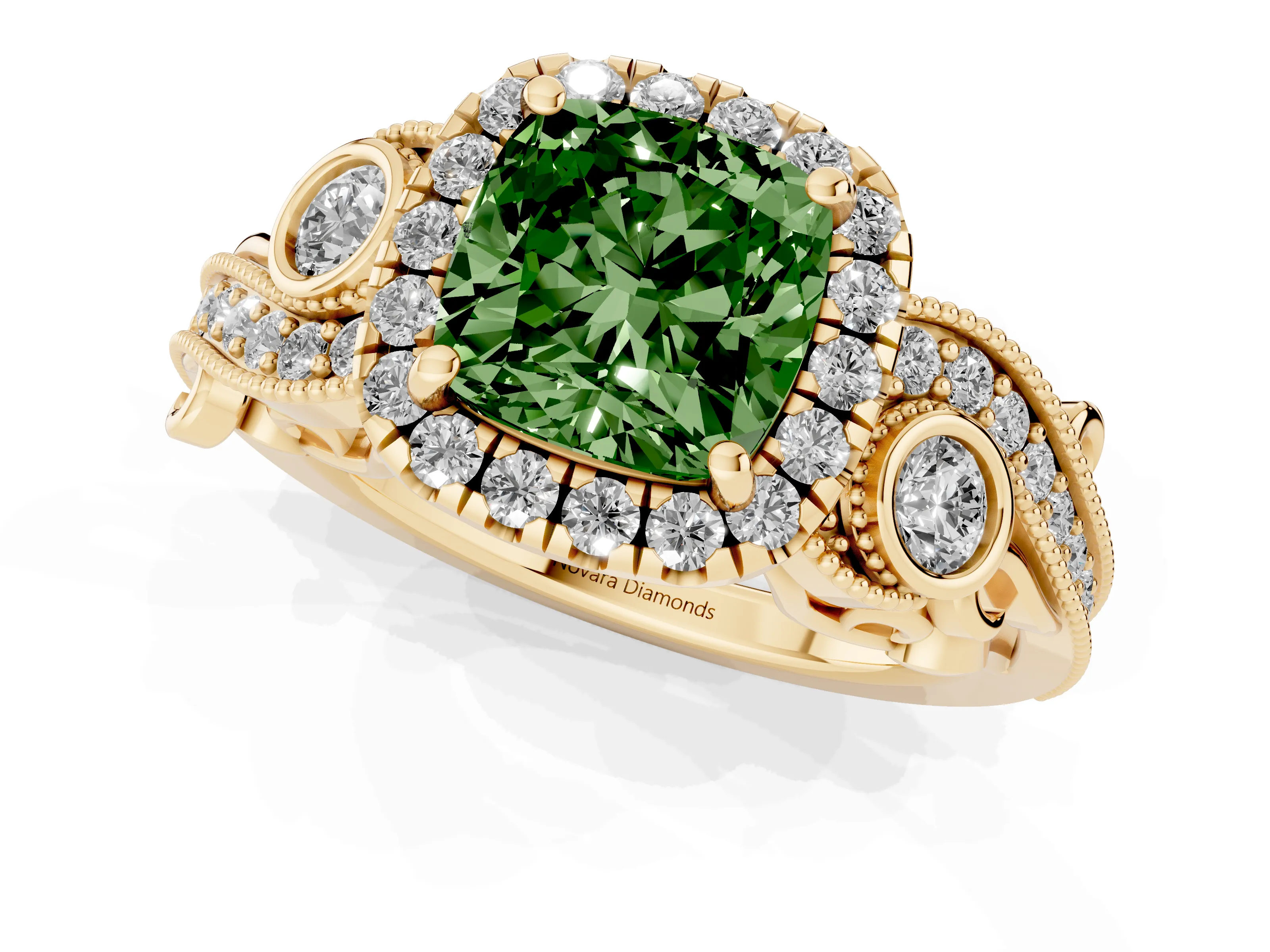 Fancy Green Cushion Cut Diamond Halo Ring Set in Yellow gold with Milgrain Pavé Band and Prong Setting