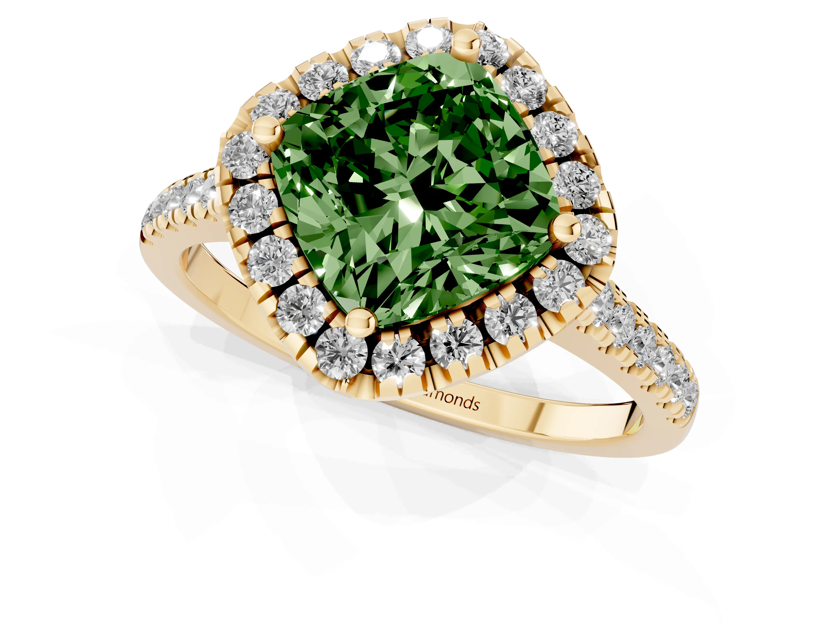 Fancy Green Cushion Cut Diamond Cushion Halo Ring Set in Yellow gold with Pavé Band