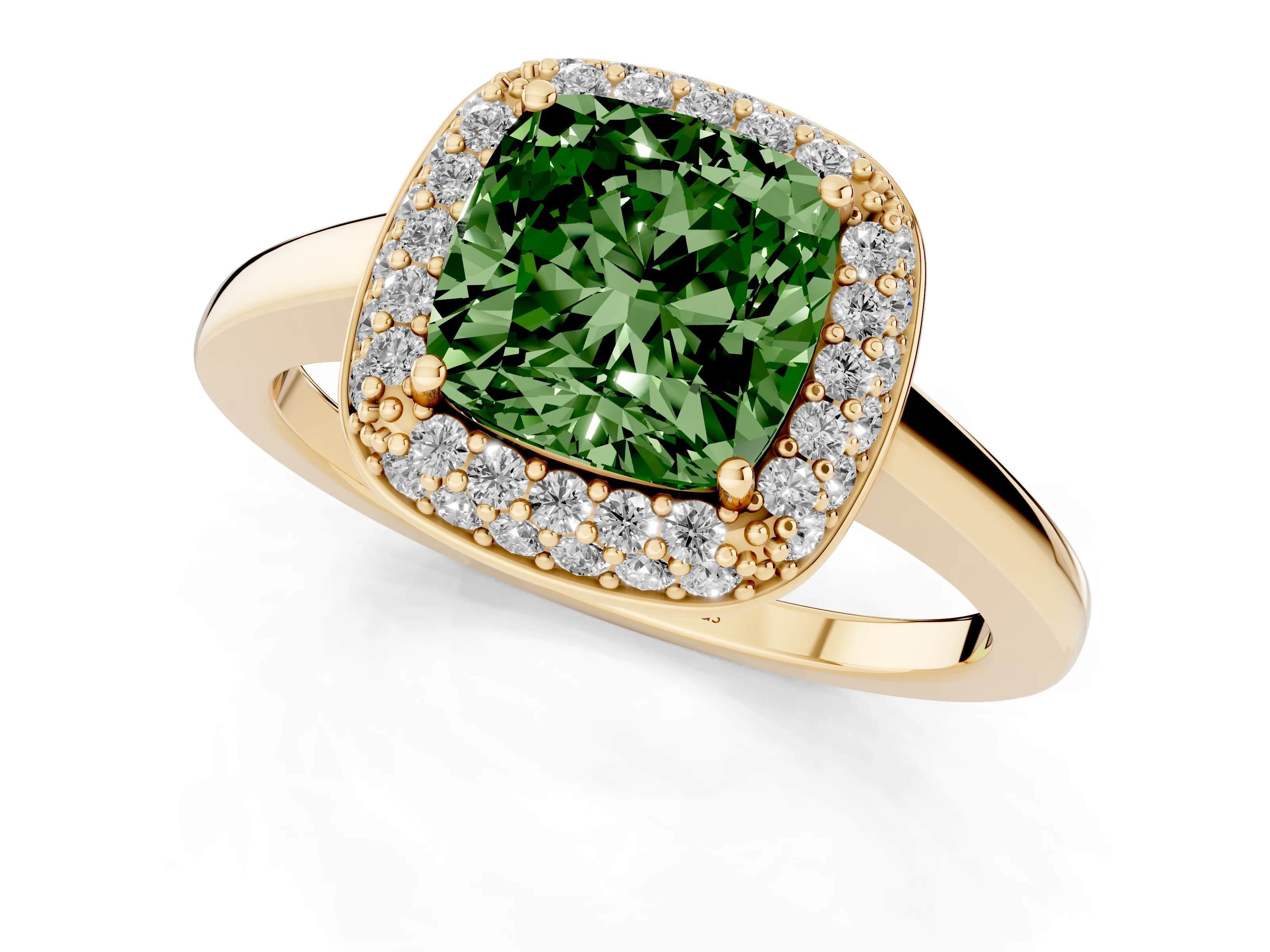Fancy Green Cushion Cut Diamond Halo Engagement Ring Set in Yellow gold with Solitaire Band and Prong Setting