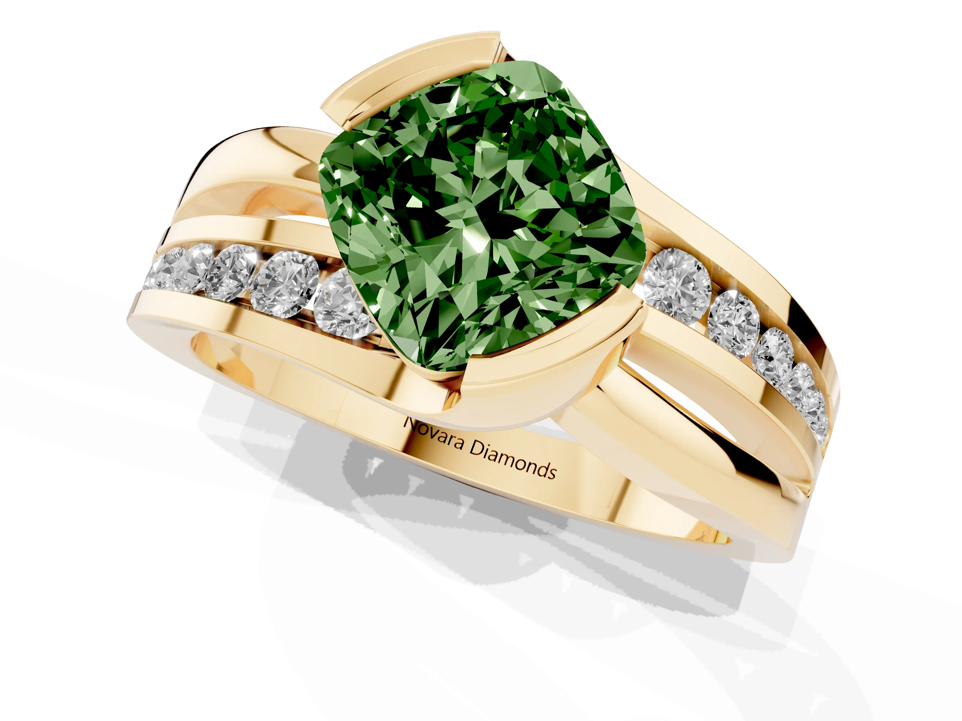 Fancy Green Cushion Cut Diamond Solitaire Ring Set in Yellow gold with Channel Set Split Shank and Tension Prongs