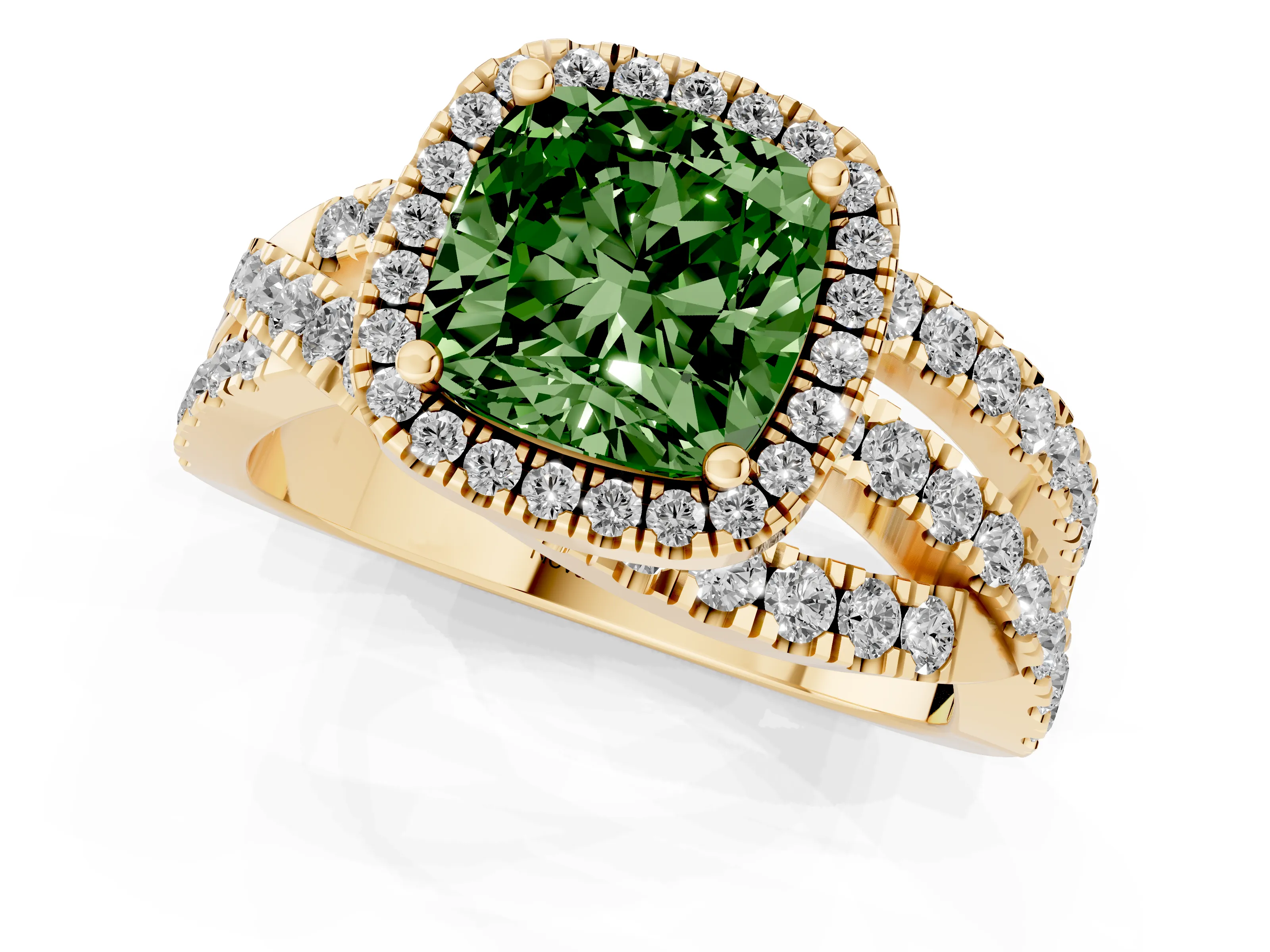 Fancy Green Cushion Cut Diamond Halo Ring Set in Yellow gold with Round Crossover Split Shank and Prong Setting