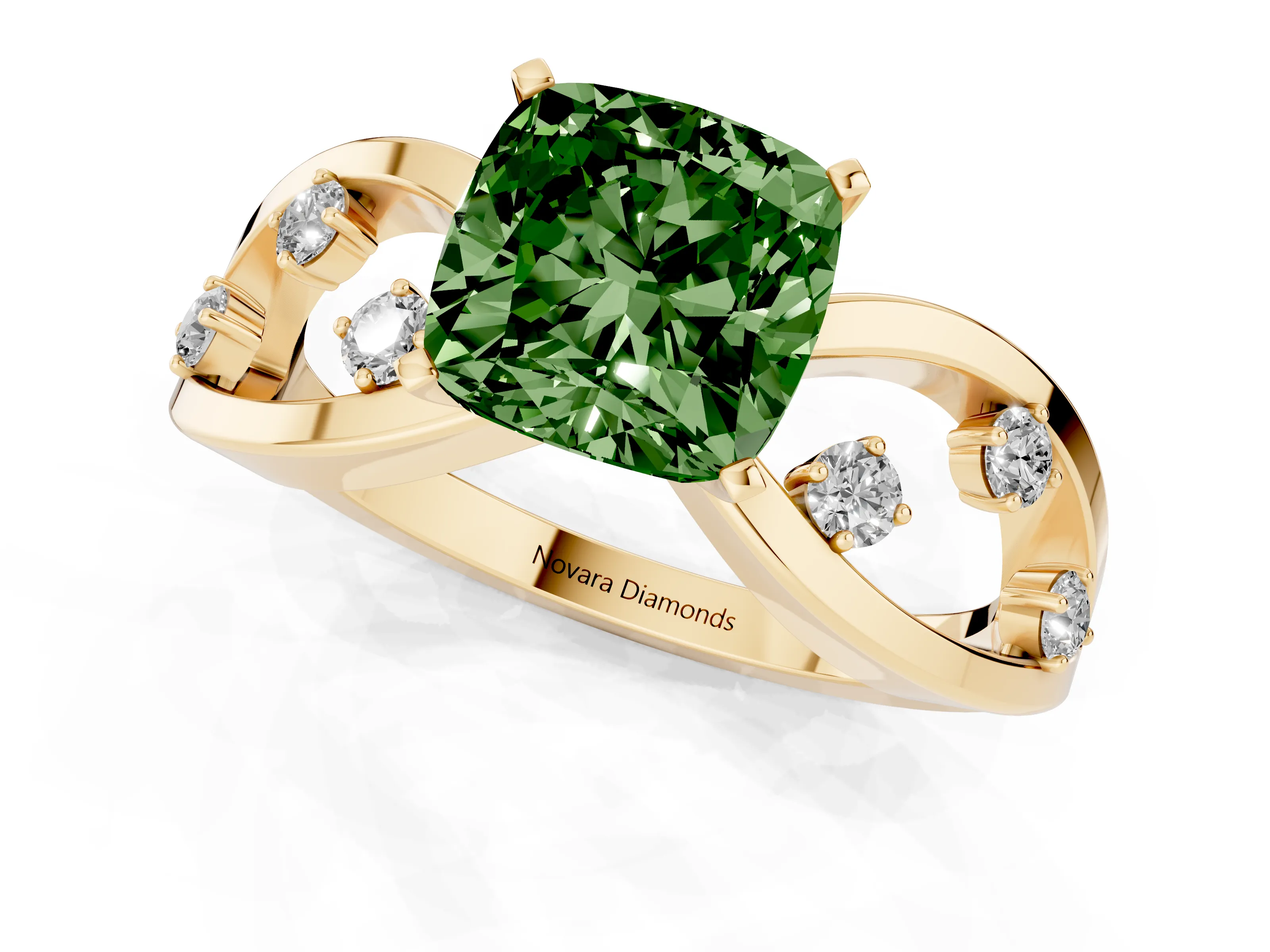 Fancy Green Cushion Cut Diamond Solitaire Ring Set in Yellow gold with Side Stones on Criss-Cross Band and Prong Setting