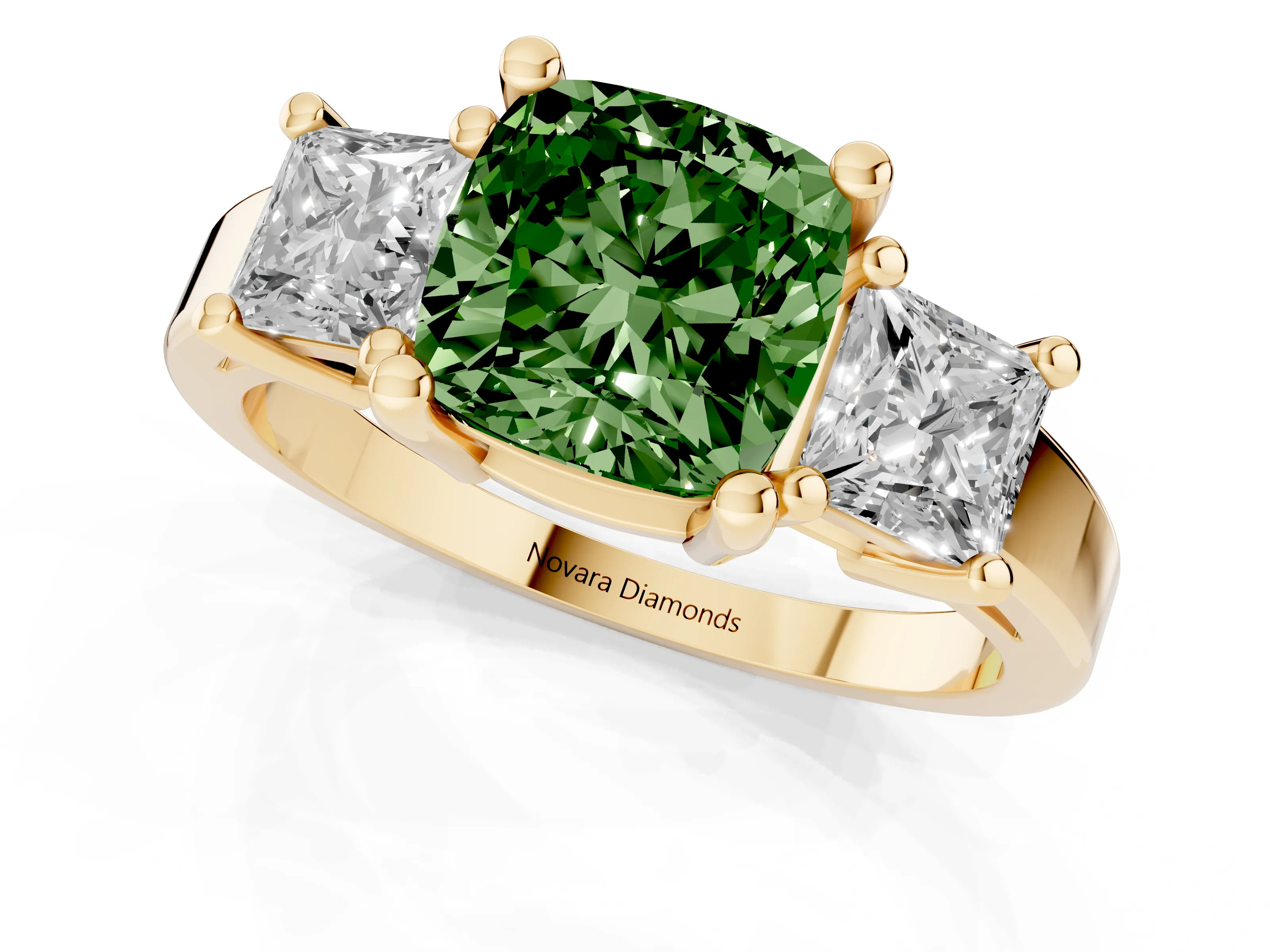Fancy Green Three-Stone Cushion Cut Diamond Solitaire Ring Set in Yellow gold with Prong Setting