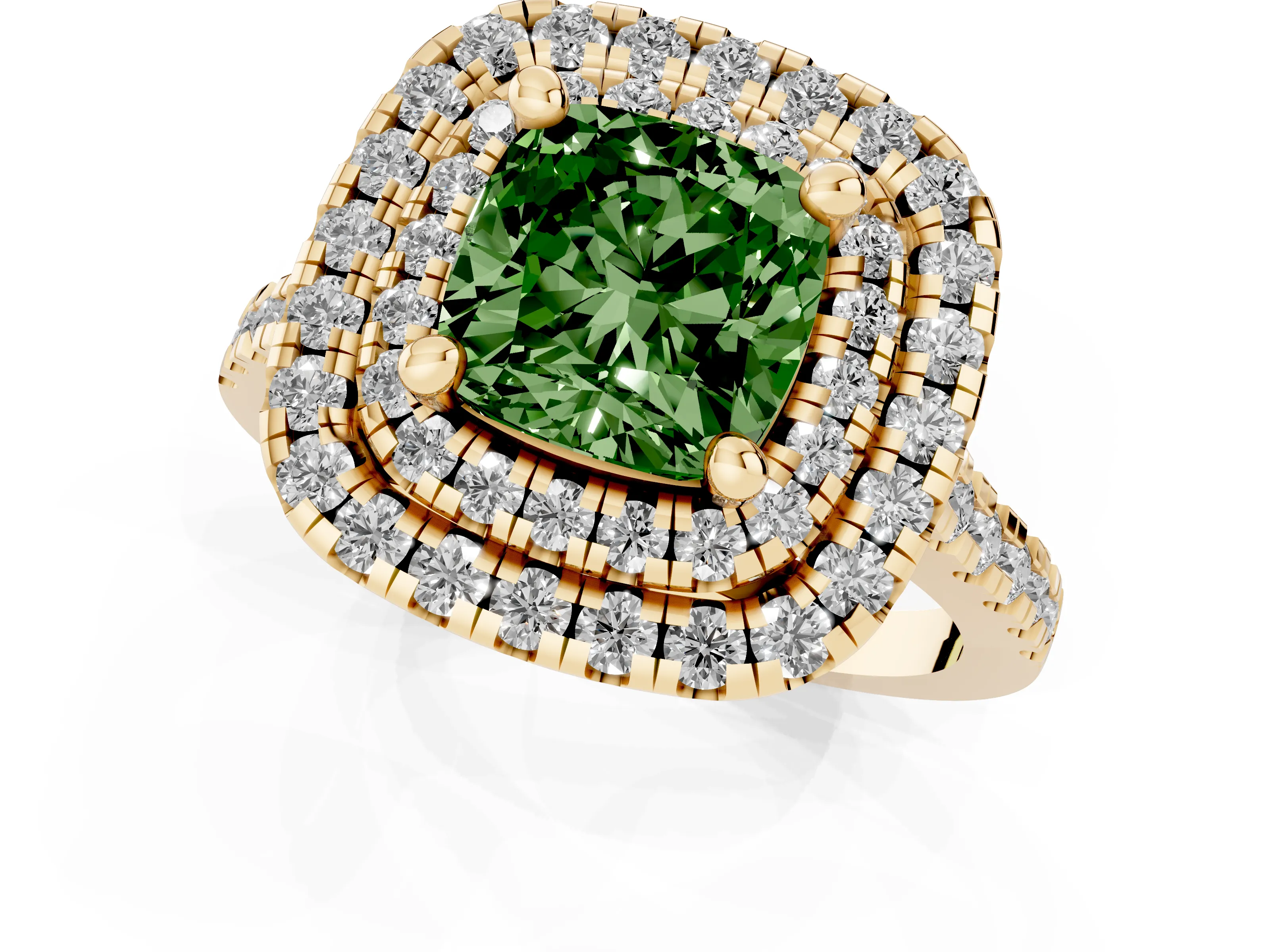 Fancy Green Cushion Cut Diamond Double Halo Statement Ring Set in Yellow gold with Pavé Band