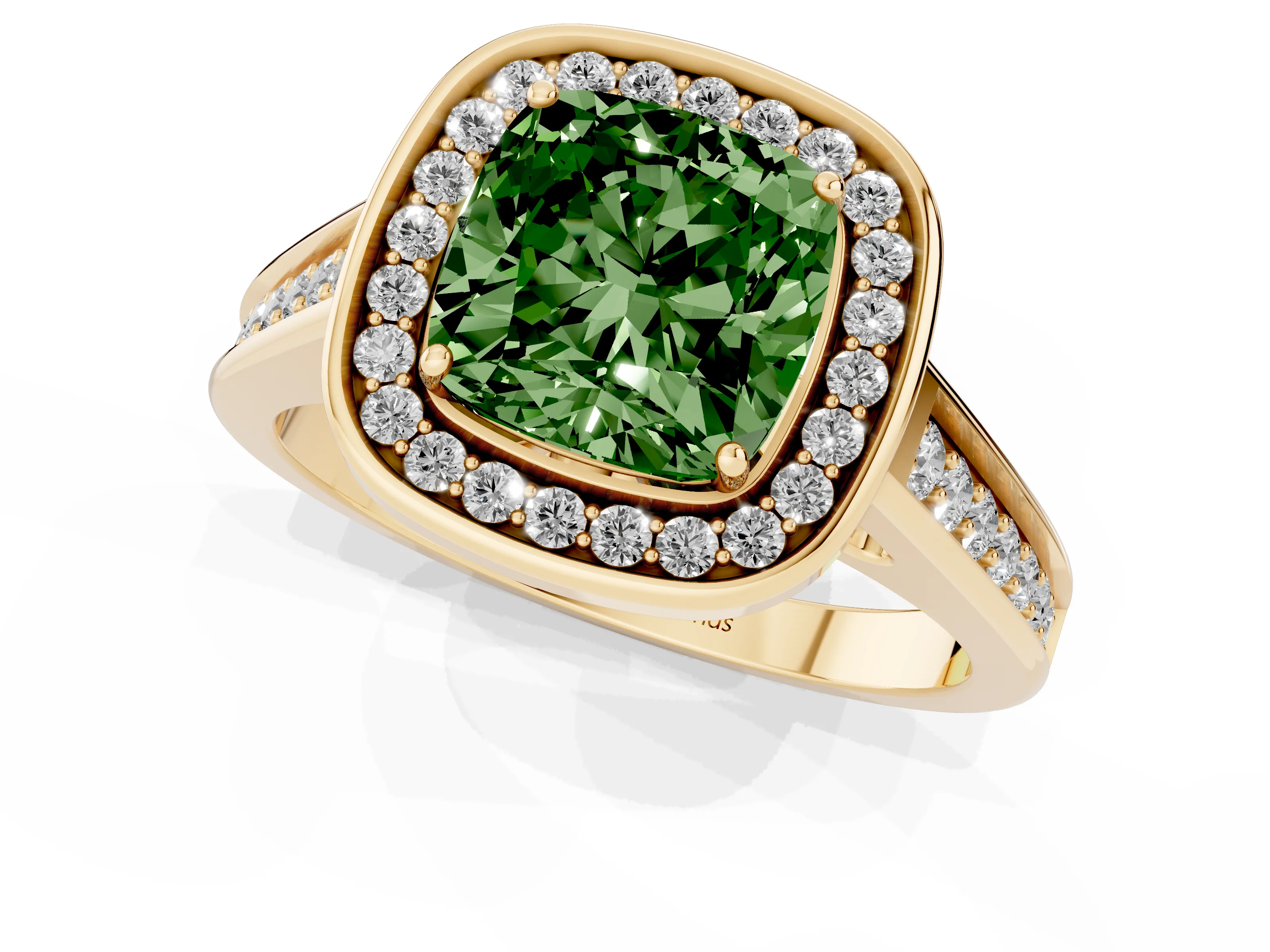 Fancy Green Cushion Cut Diamond Halo Solitaire Ring Set in Yellow gold with Pavé Band and Bezel Setting
