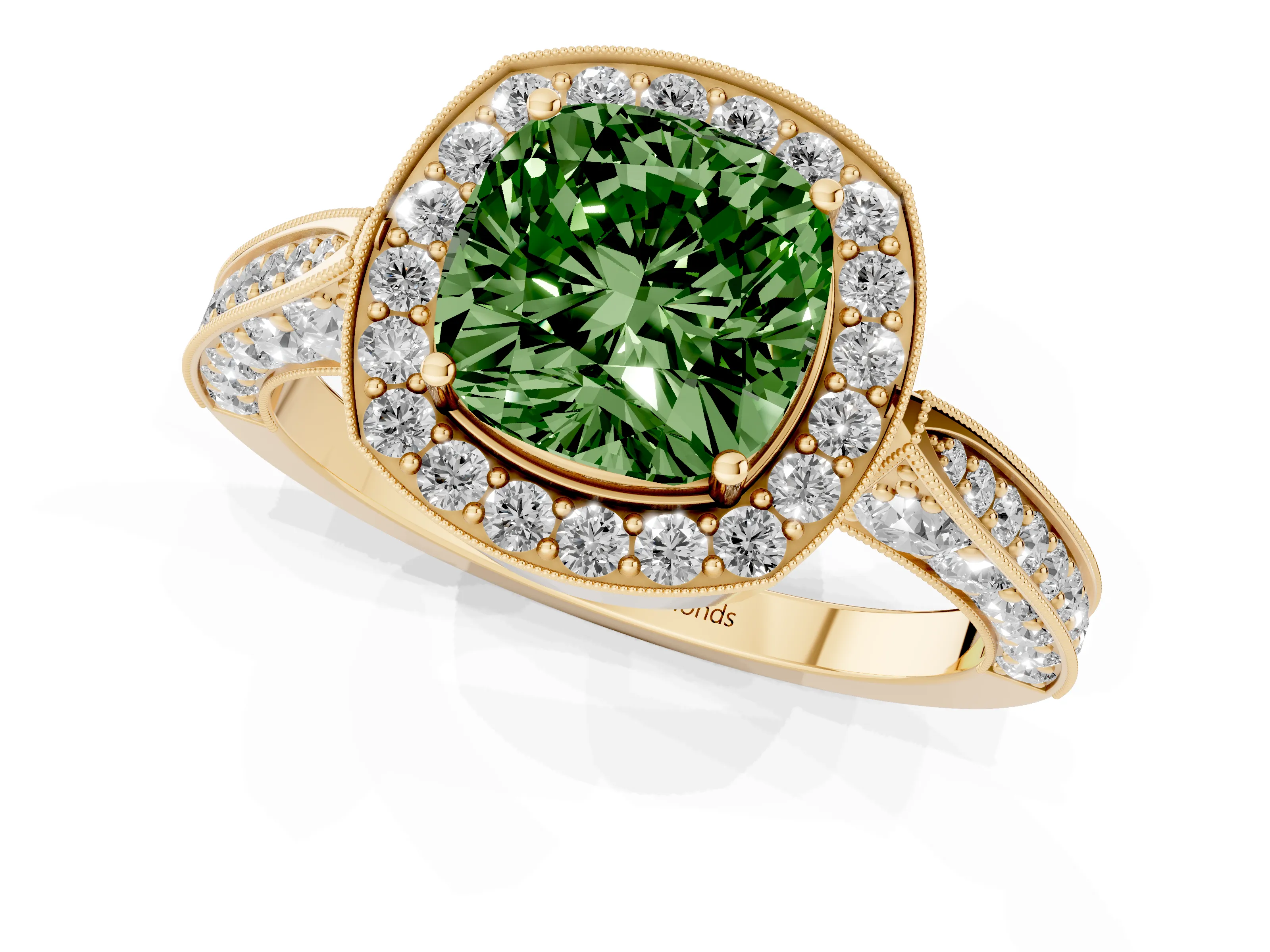 Fancy Green Cushion Cut Diamond Halo Engagement Ring Set in Yellow gold with Accent Split Shank Band