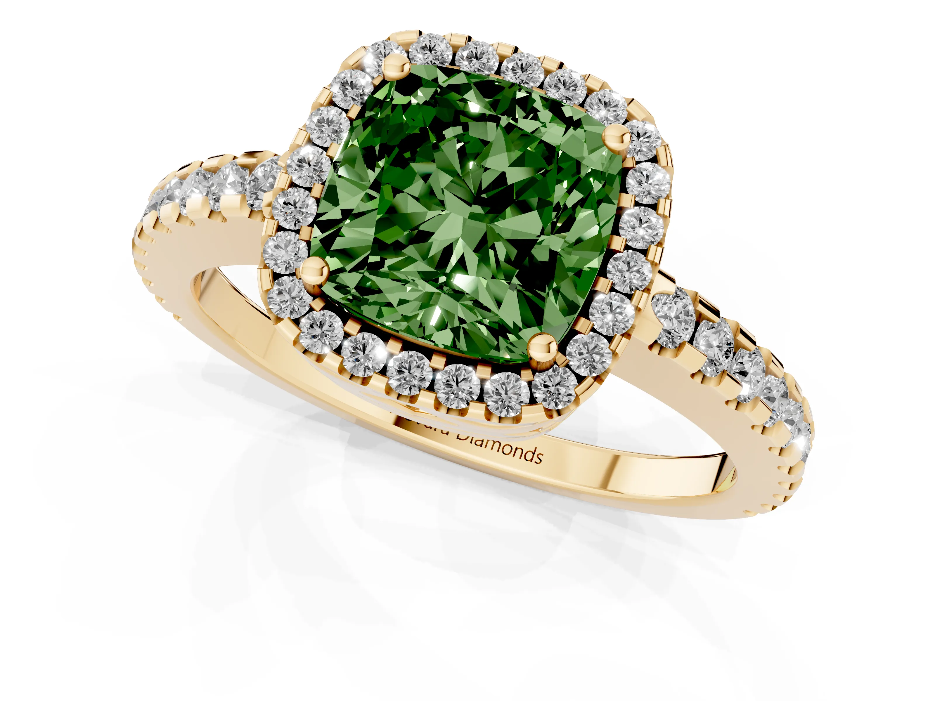 Fancy Green Cushion Cut Diamond Halo Ring Set in Yellow gold with Pavé Shoulders and Halo-Framed Center