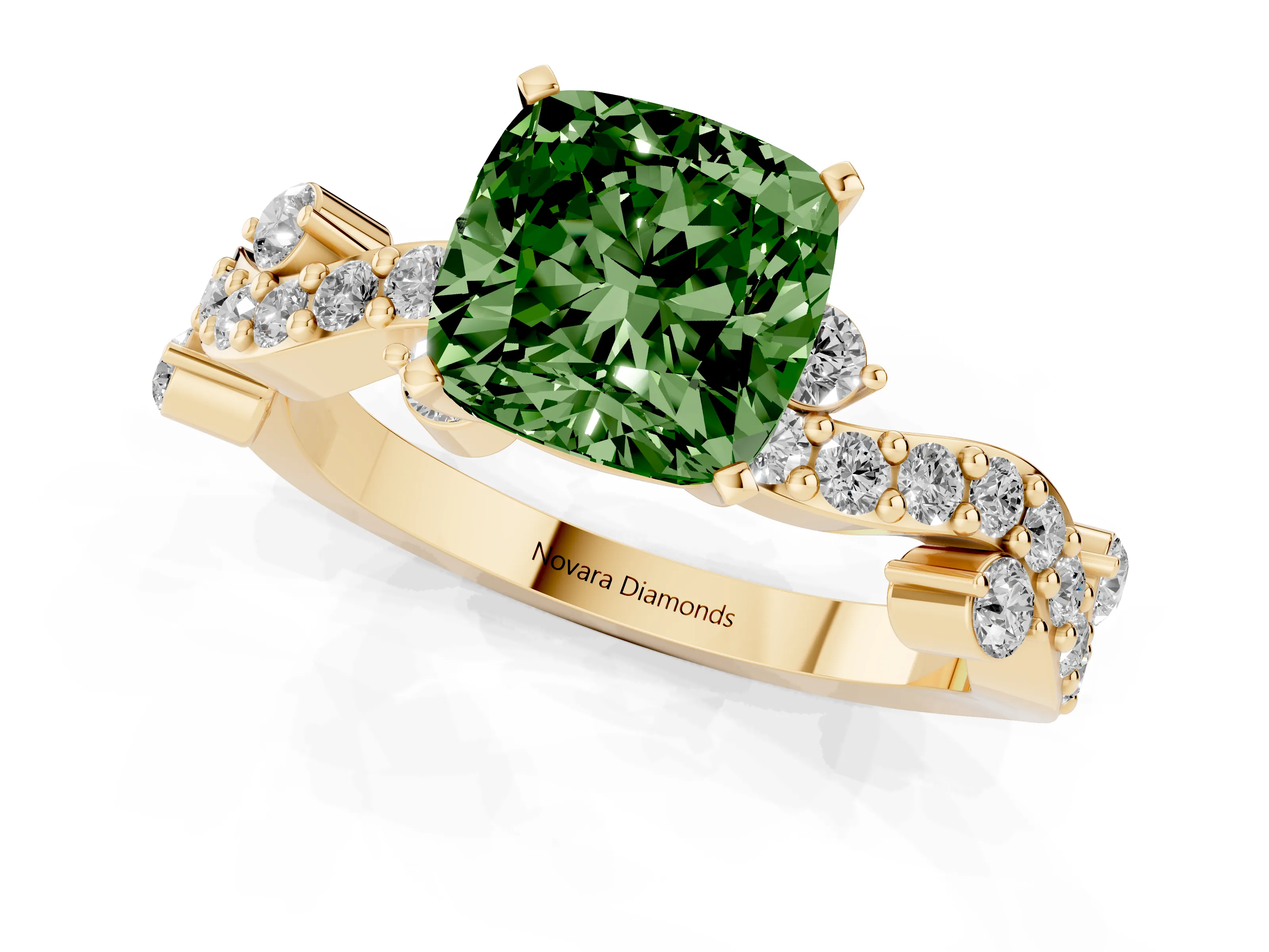 Fancy Green Cushion Cut Diamond Solitaire Twisted Band Set in Yellow gold with Pavé Setting