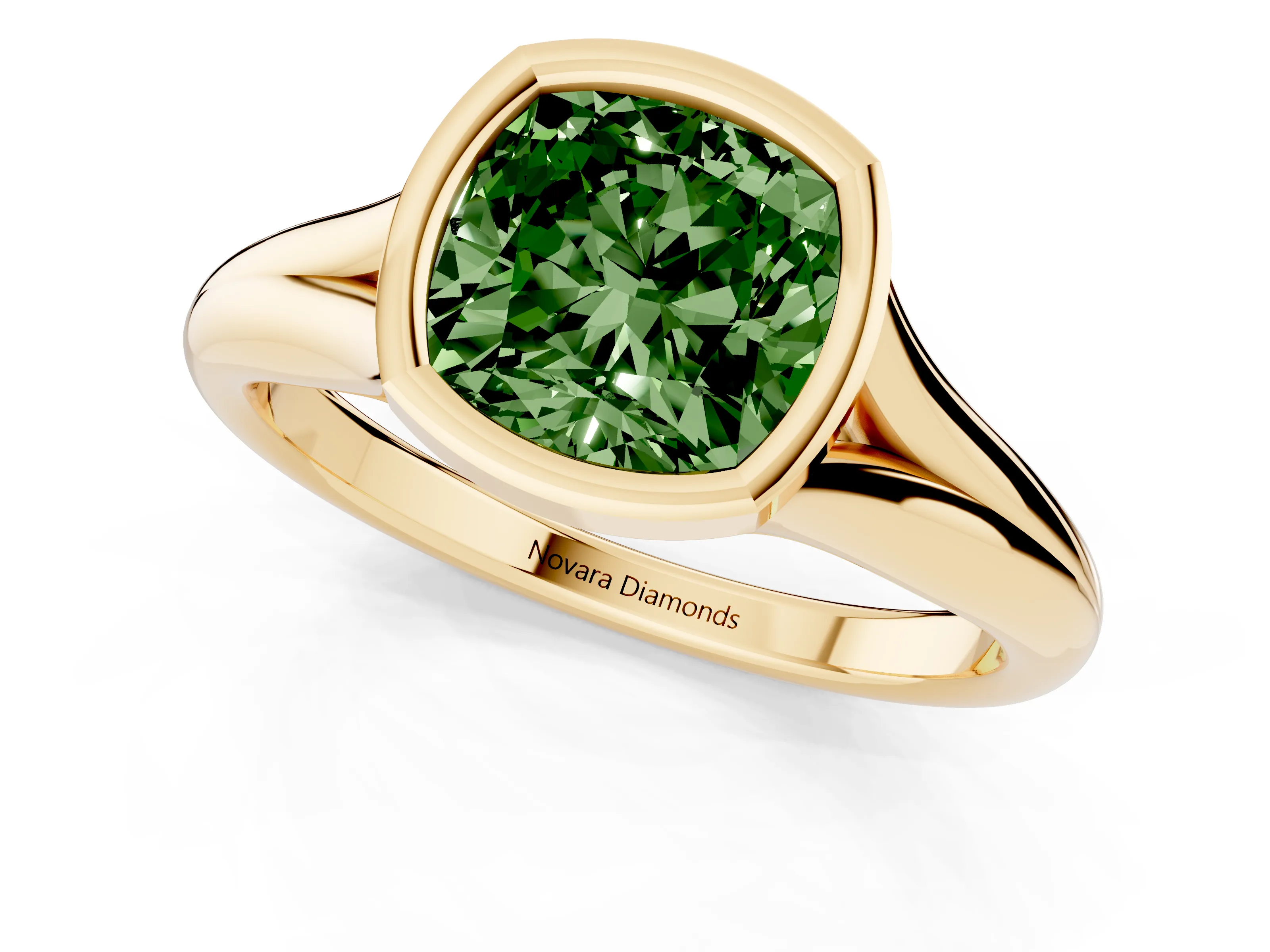 Fancy Green Bezel Set Cushion Cut Diamond Solitaire Ring Set in Yellow gold with Smooth Band