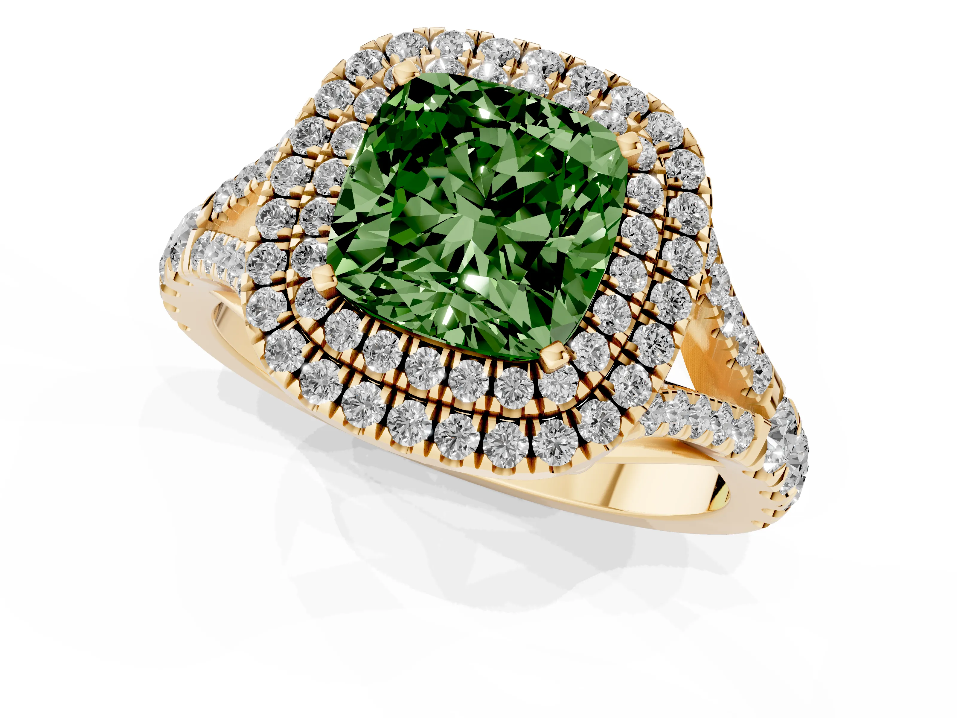 Fancy Green Cushion Cut Diamond Pavé Split Shank Double Halo Engagement Ring Set in Yellow gold