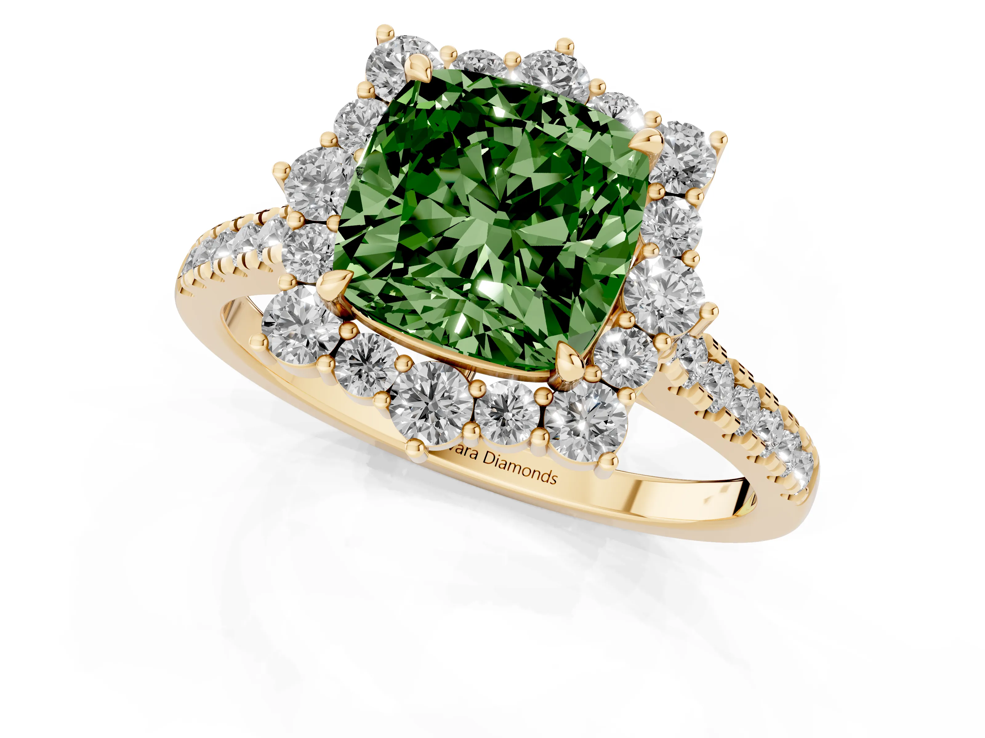 Fancy Green Cushion Cut Diamond Halo Ring Set in Yellow gold with Pavé Band and Prong Setting