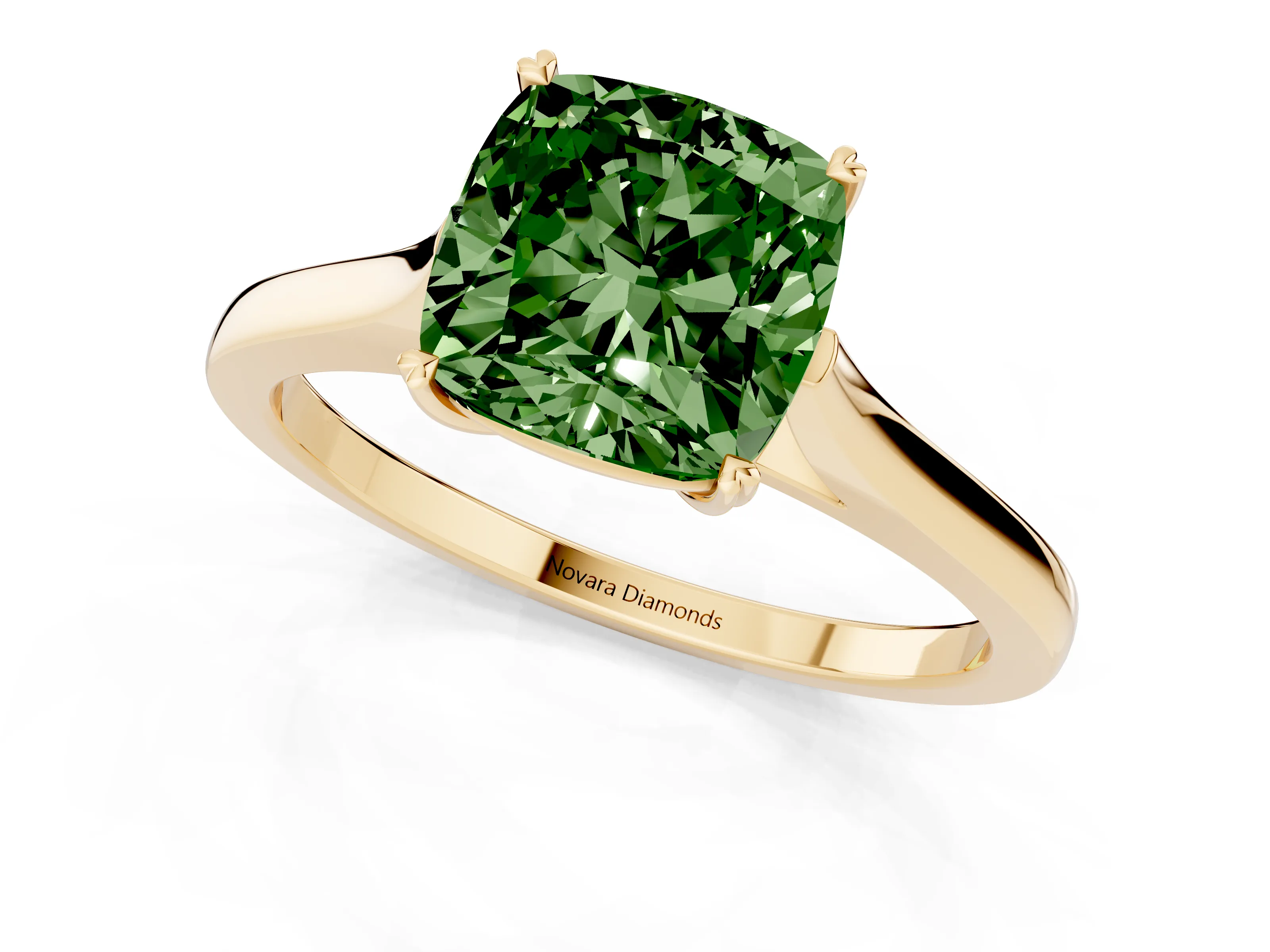 Fancy Green Cushion Cut Diamond Solitaire Heart Prong Engagement Ring Set in Yellow gold with Tapered Band