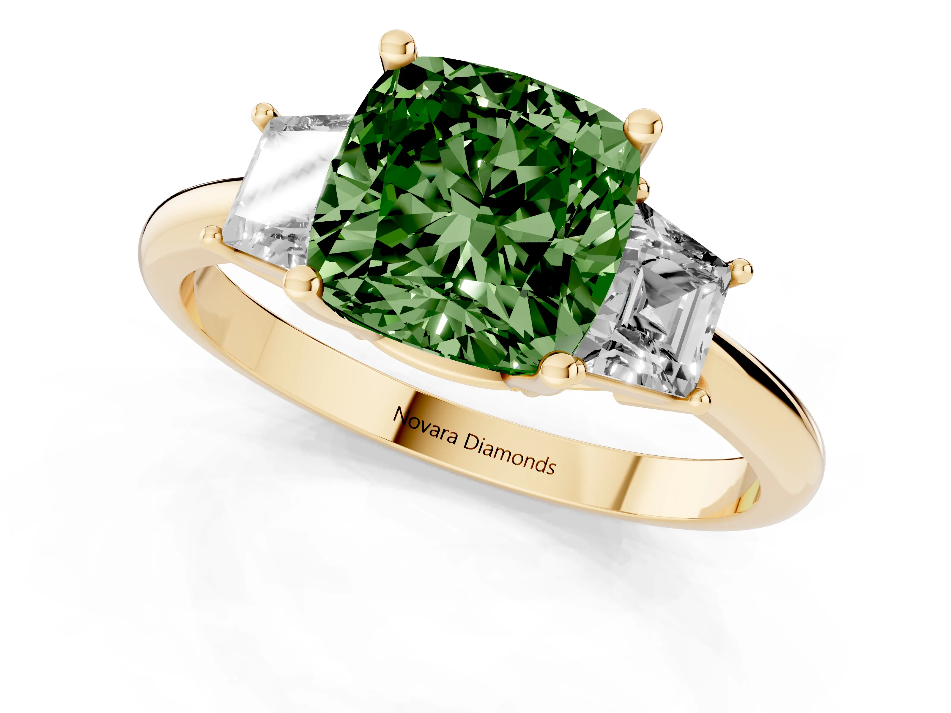 Fancy Green Cushion Cut Diamond Three-Stone Ring Set in Yellow gold with Trapezoid Side Stones and Prong Setting