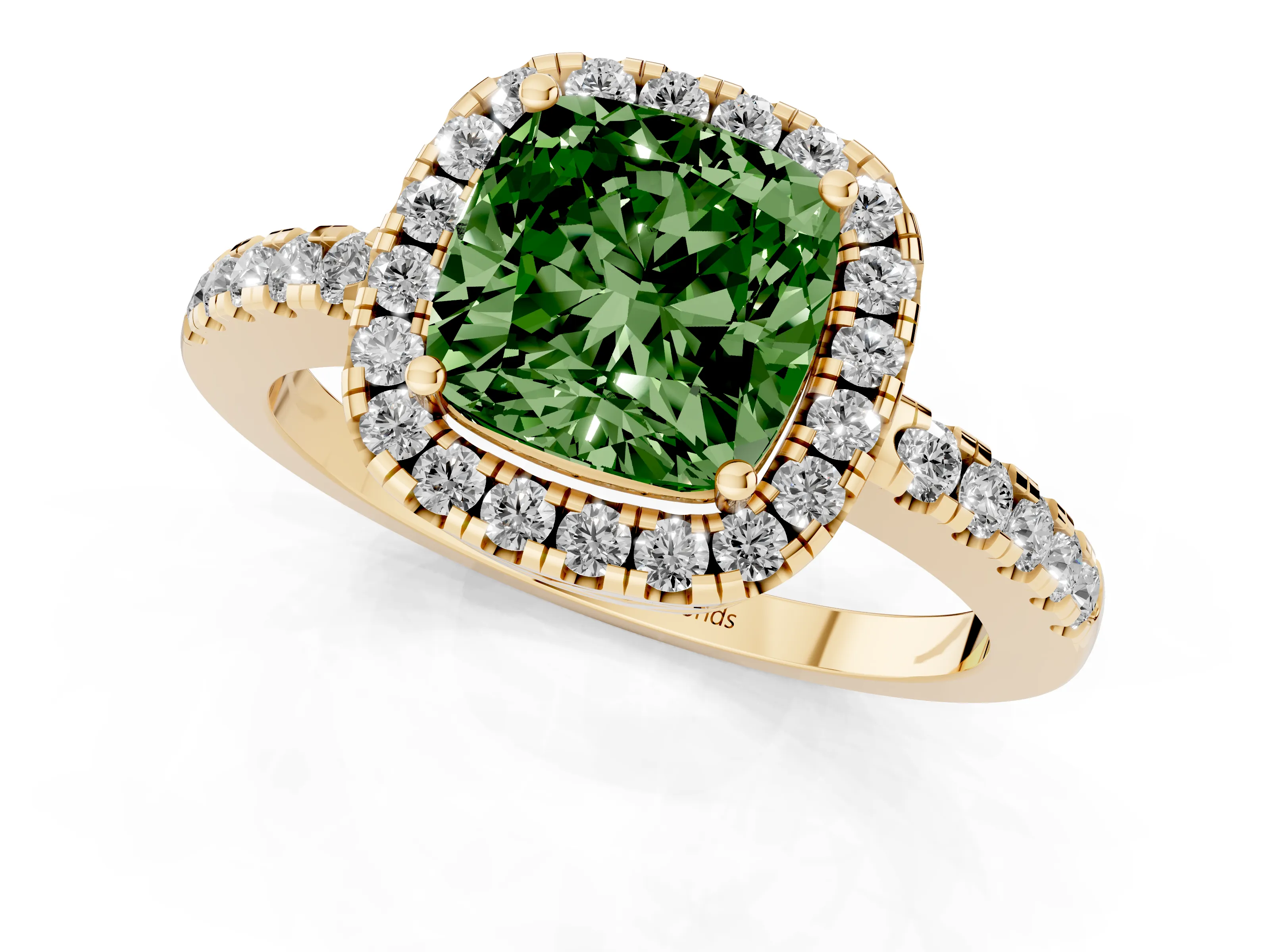 Fancy Green Cushion Cut Diamond Pavé Band Halo Engagement Ring Set in Yellow gold with Prong Setting