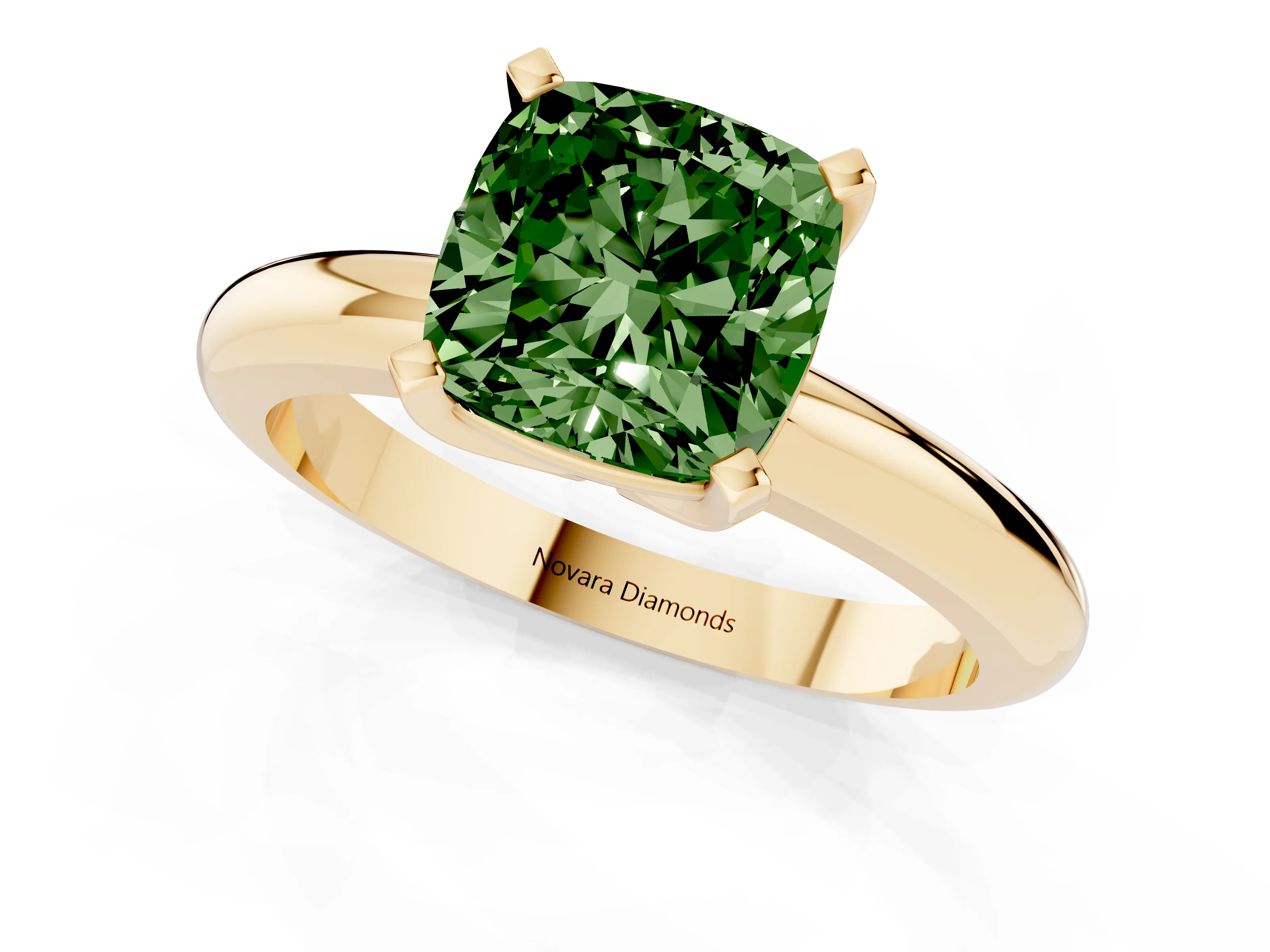 Fancy Green Cushion Cut Diamond Solitaire Engagement Ring Set in Yellow gold with Round Band and Prong Setting
