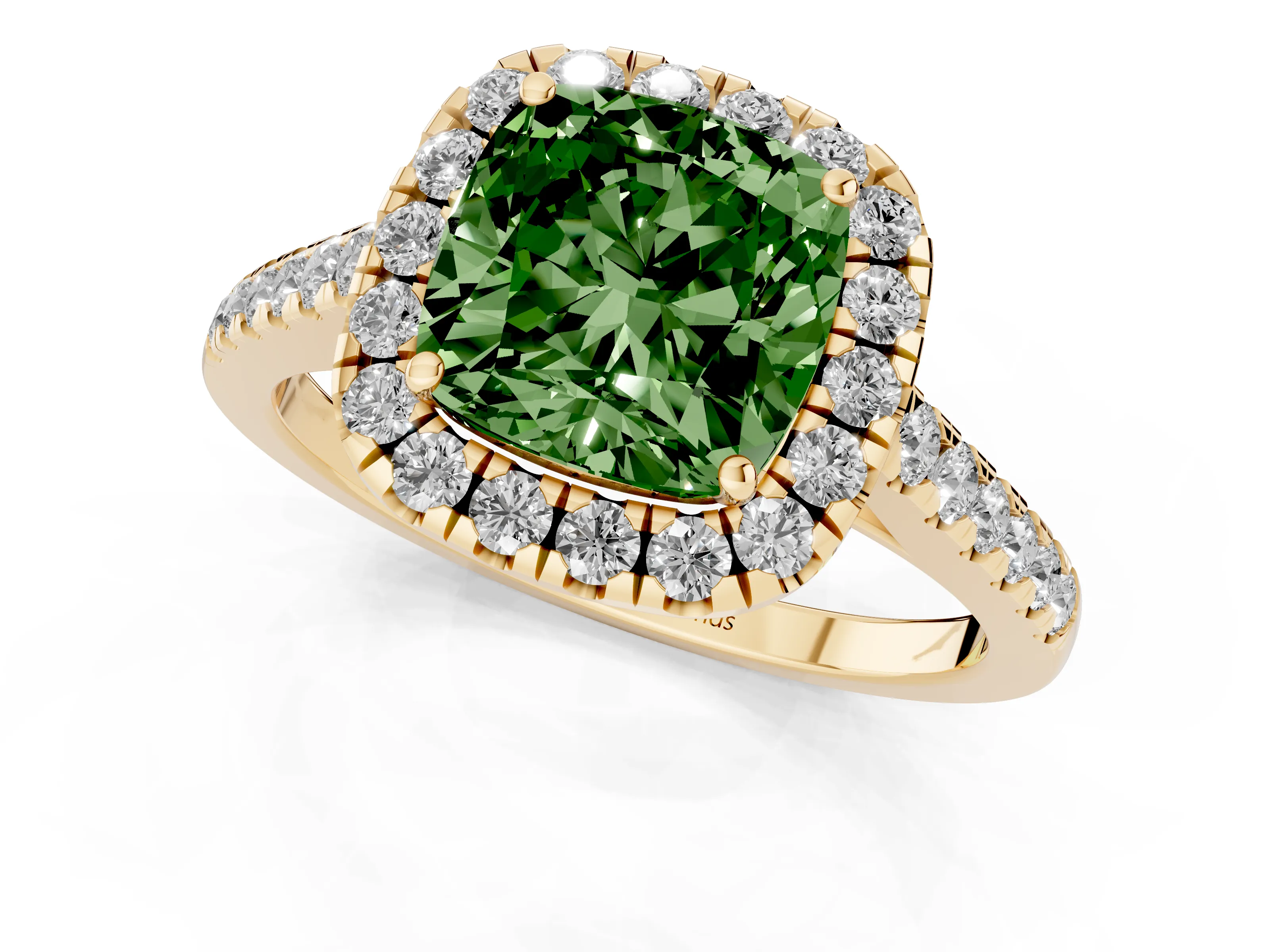 Fancy Green Cushion Cut Diamond Halo Pavé Engagement Ring Set in Yellow gold with Prong Setting