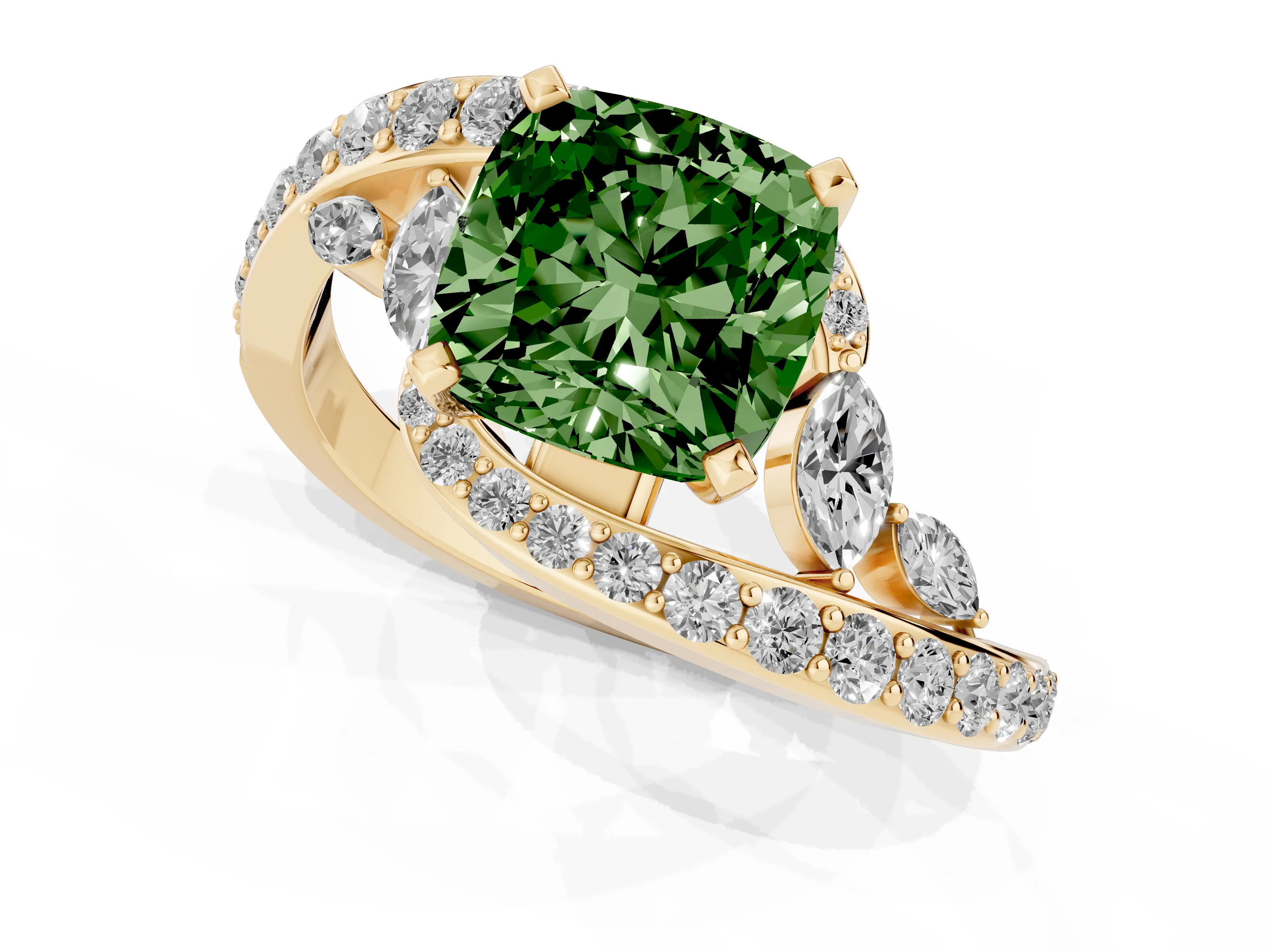 Fancy Green Cushion Cut Diamond Solitaire Ring Set in Yellow gold with Filigree Band and Prong Setting