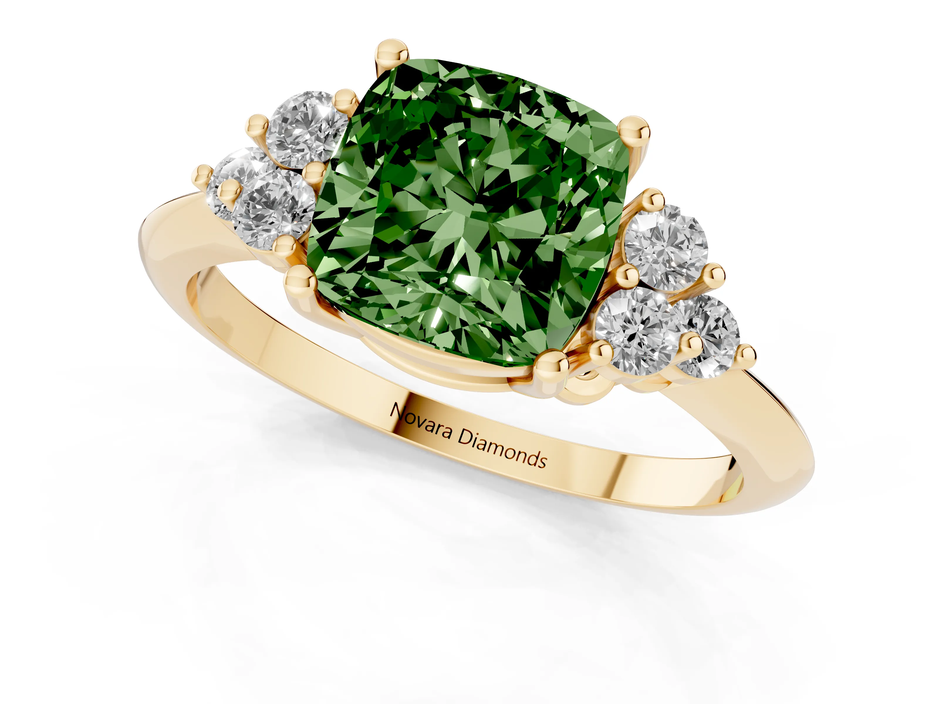 Fancy Green Cushion Cut Diamond Cluster Ring Set in Yellow gold with Plain Band and Prong Setting