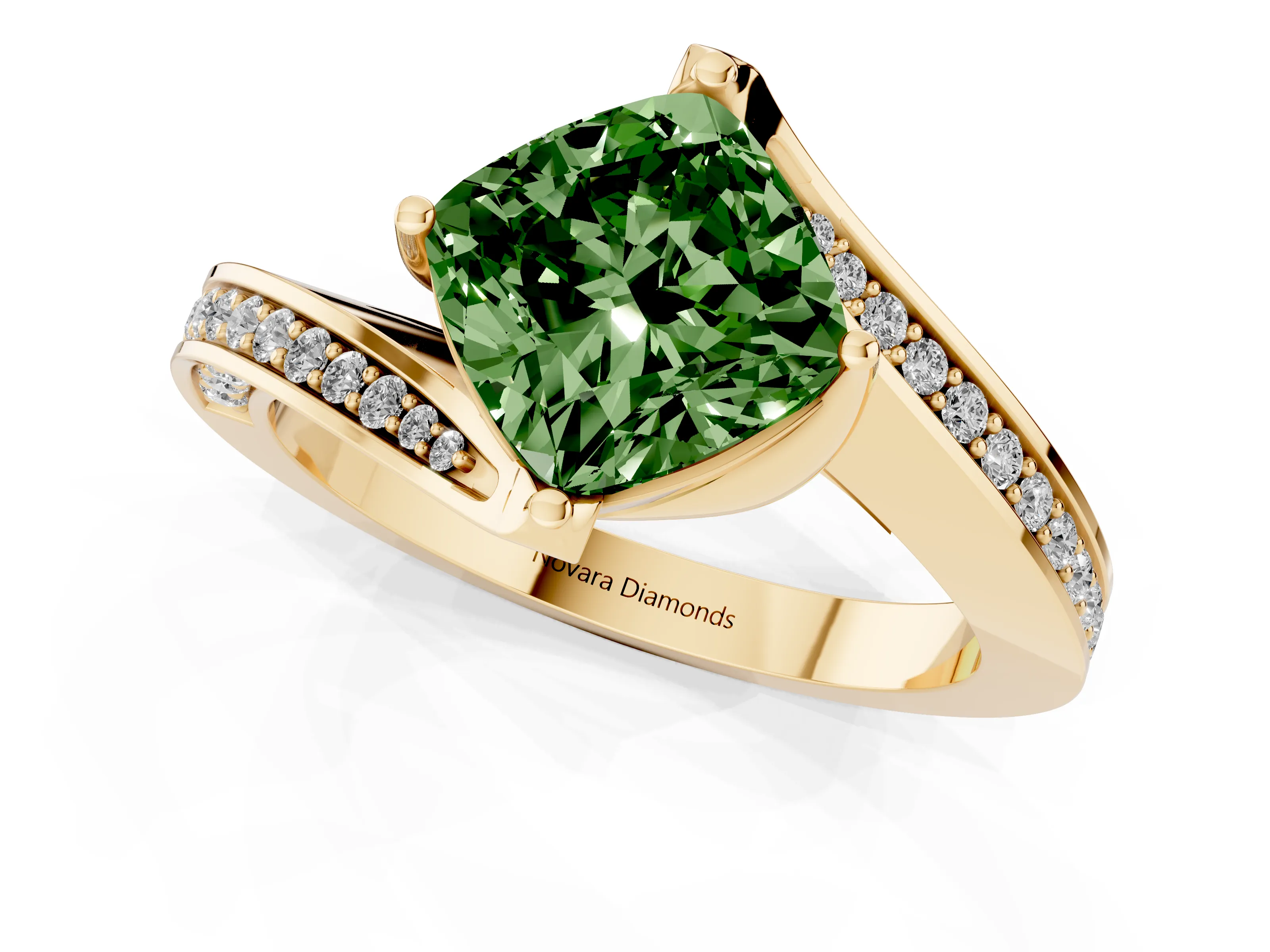 Fancy Green Cushion Cut Diamond Solitaire Ring Set in Yellow gold with Intertwined Pavé Twist Band