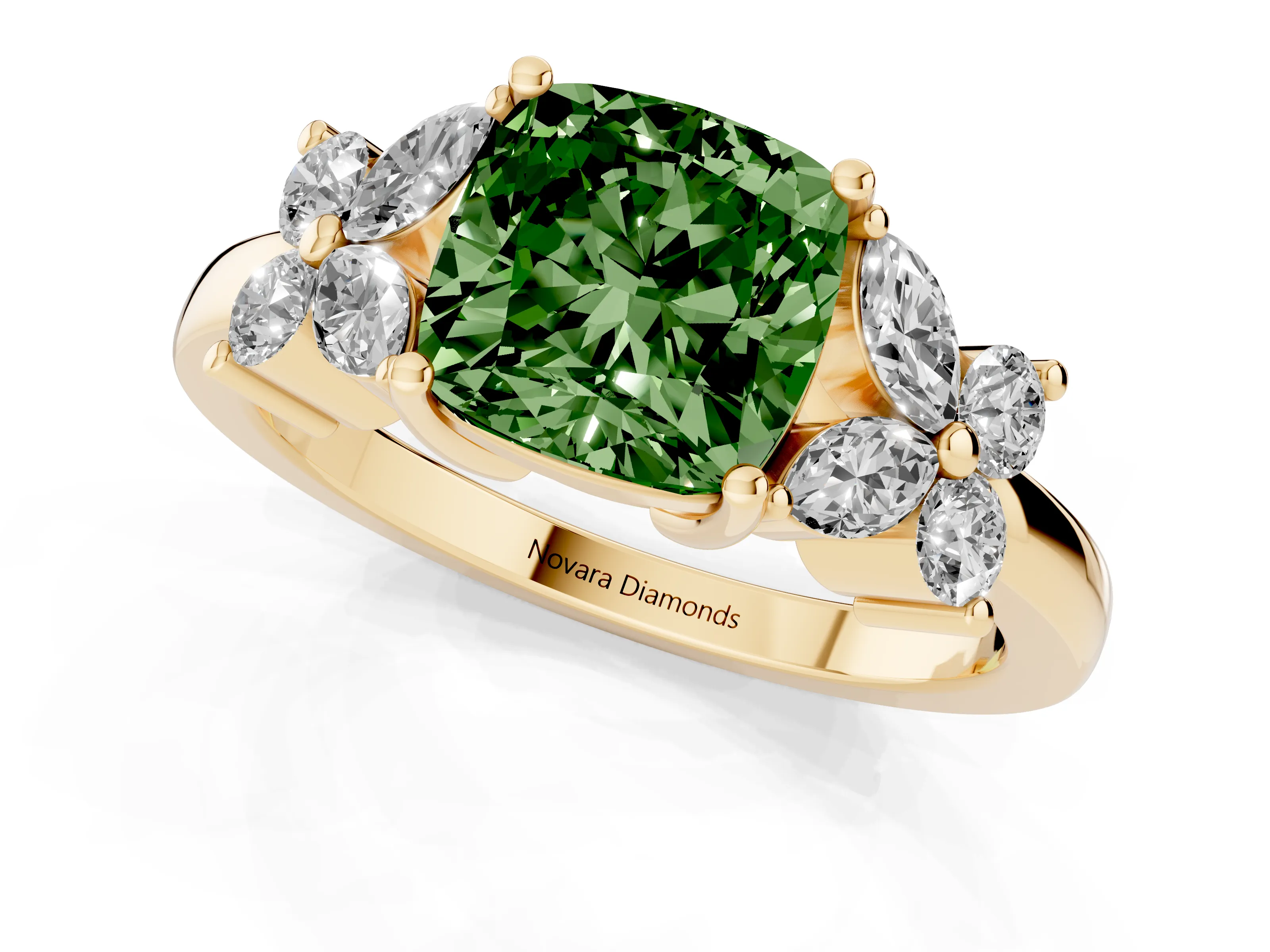 Fancy Green Cushion Cut Diamond Floral Cluster Ring Set in Yellow gold with Marquise Petals and Prong Setting