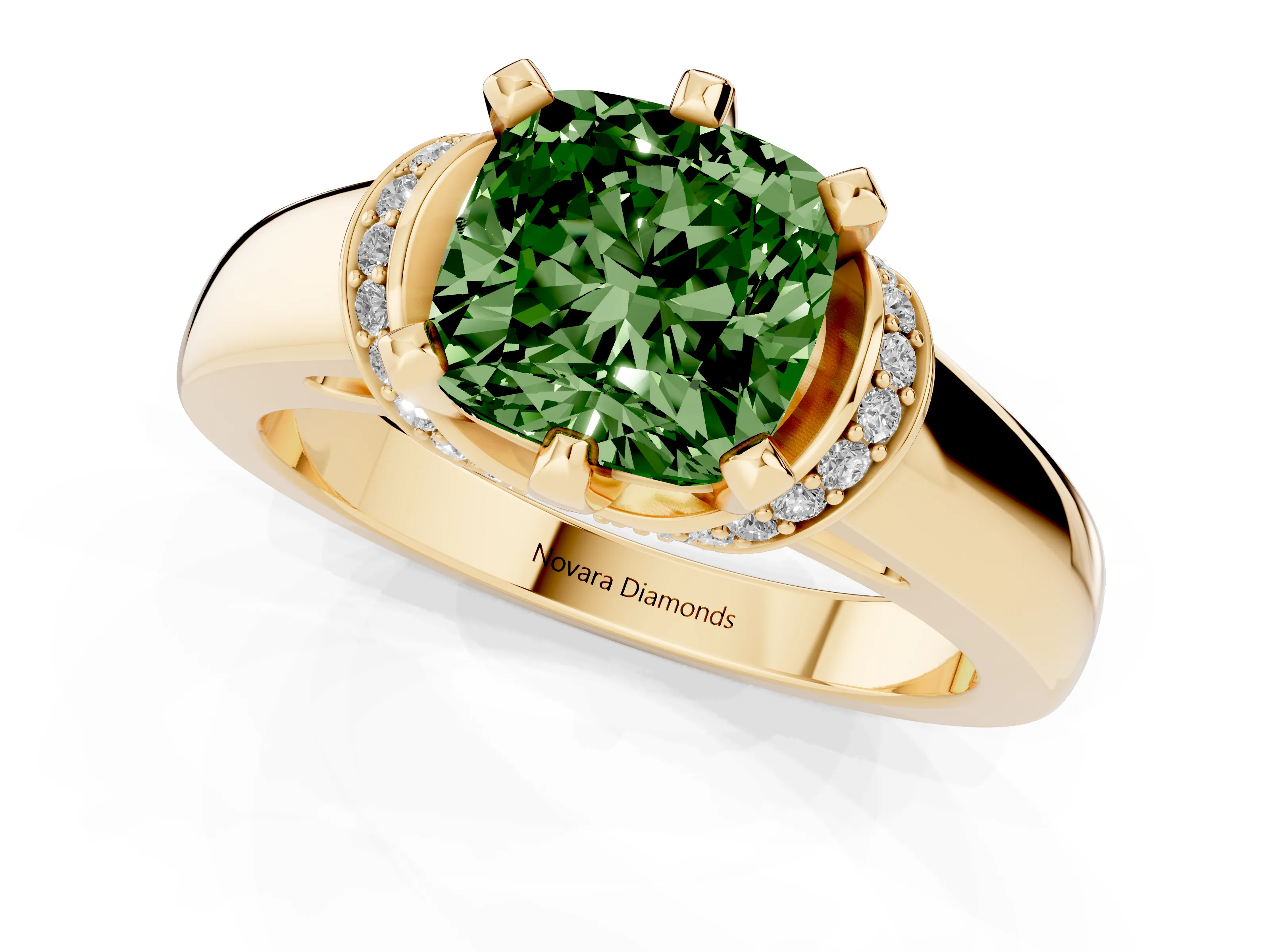 Fancy Green Cushion Cut Diamond Pavé Band Solitaire Ring Set in Yellow gold with Prong Setting