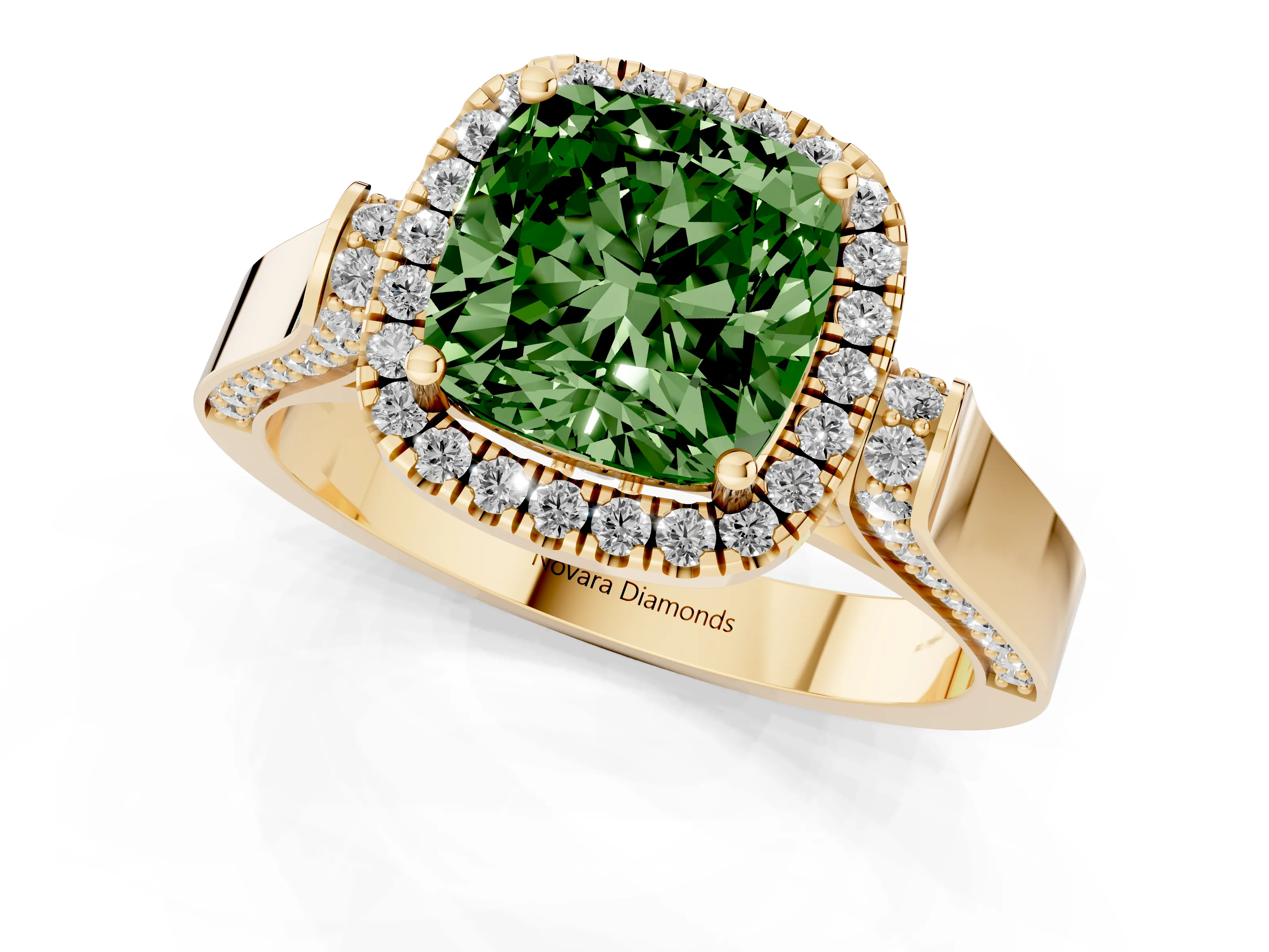 Fancy Green Cushion Cut Diamond Halo Ring Set in Yellow gold with Pavé-Lined Split Shank Band