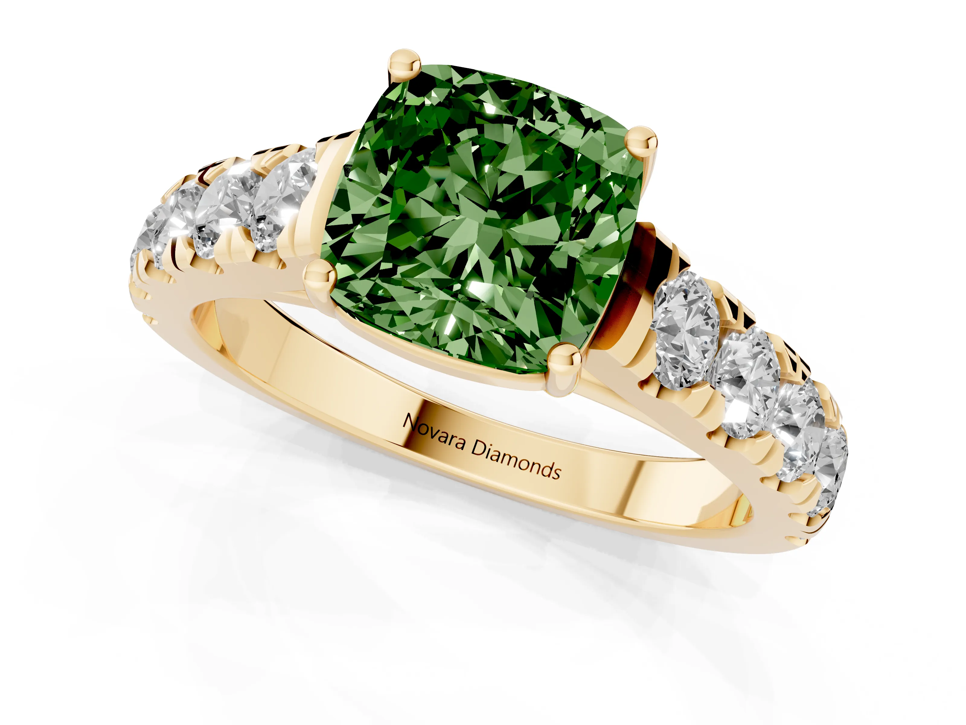 Fancy Green Cushion Cut Diamond Solitaire Ring Set in Yellow gold with Cut-Down Micro Pavé Band and Prong Setting
