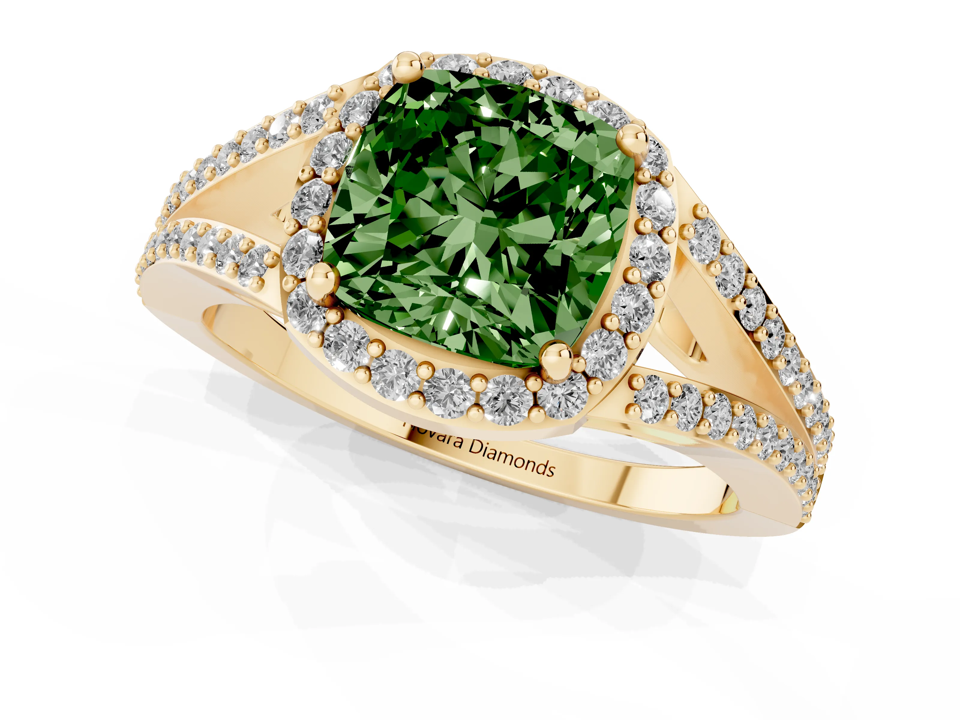 Fancy Green Cushion Cut Diamond Halo Split Shank Ring Set in Yellow gold with Accent Stones and Prong Setting