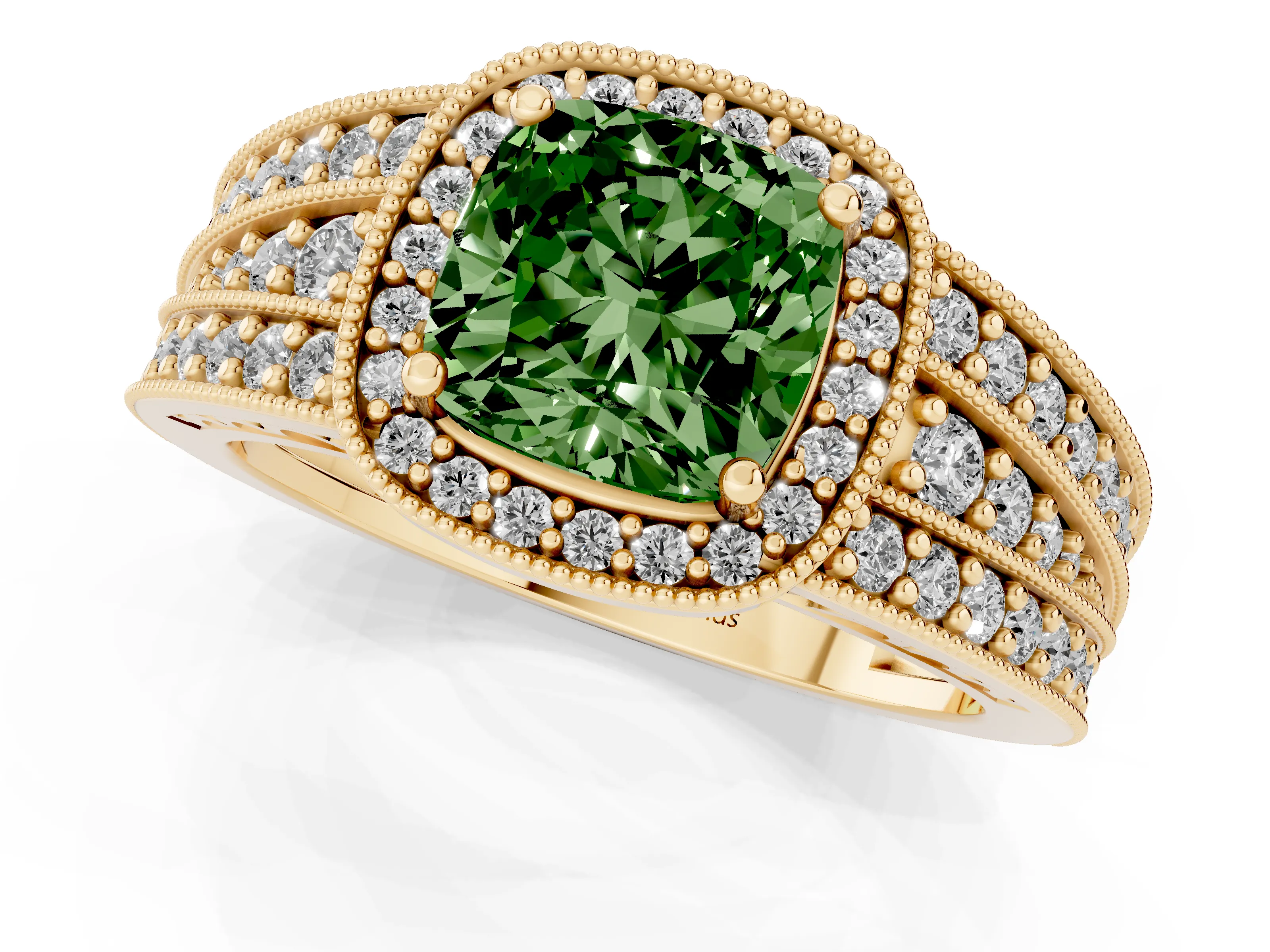 Fancy Green Cushion Cut Diamond Halo Ring Set in Yellow gold with Accent Split Shank and Prong Setting
