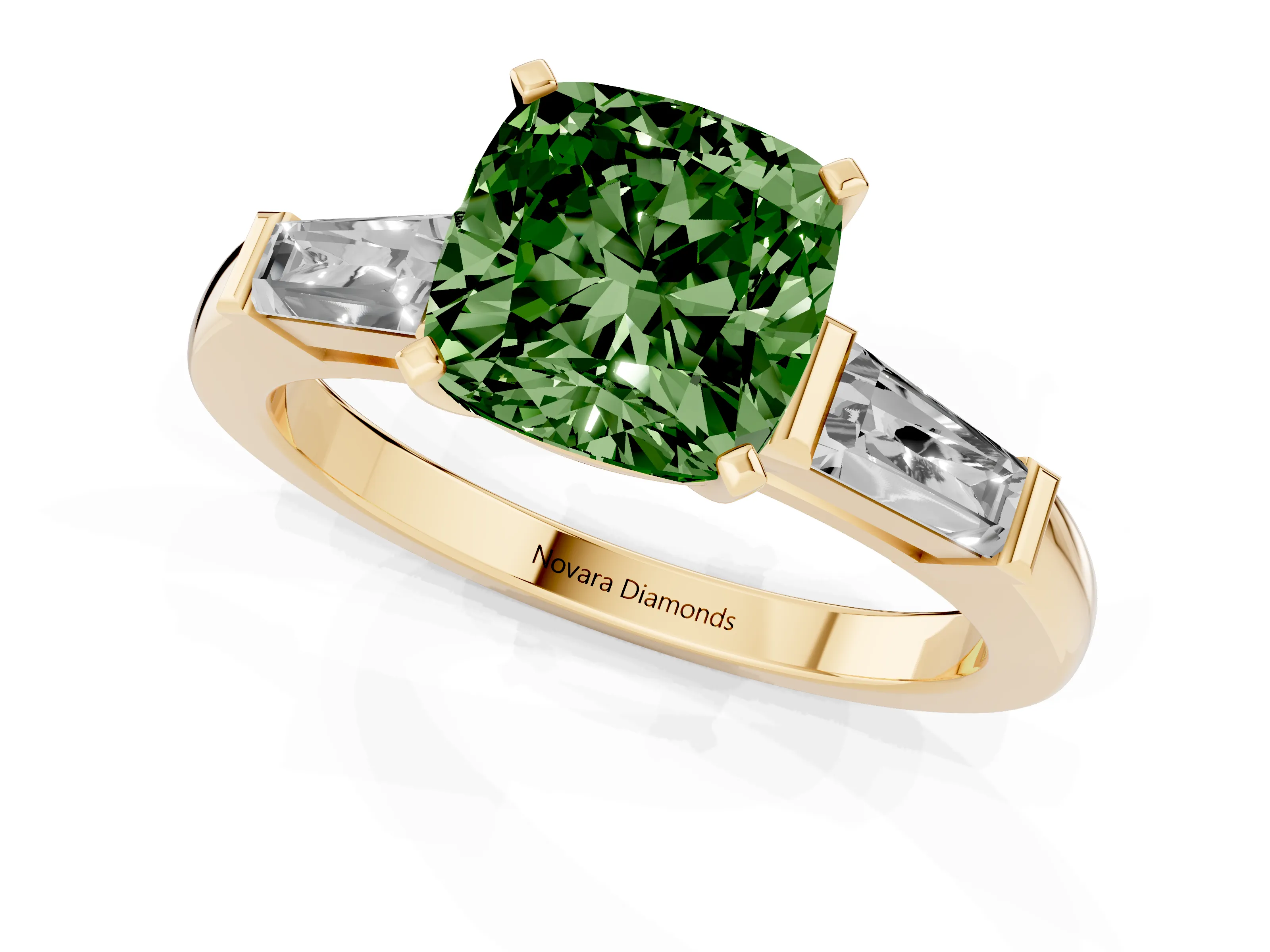 Fancy Green Cushion Cut Diamond Solitaire Ring Set in Yellow gold with Tapered Baguette Side Stones and Prong Setting
