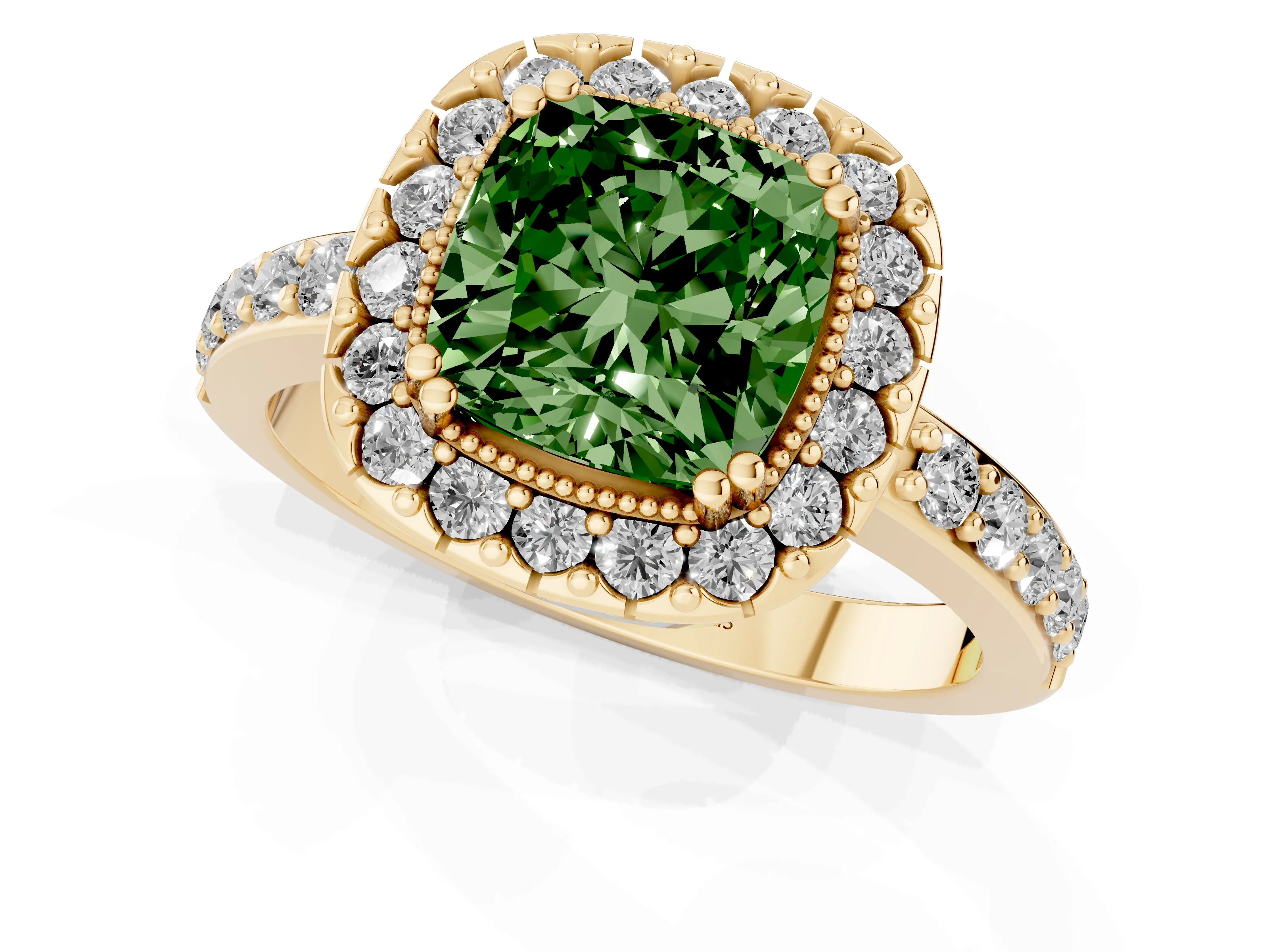 Fancy Green Cushion Cut Diamond Halo Ring Set in Yellow gold with Pavé Shank and Prong Setting