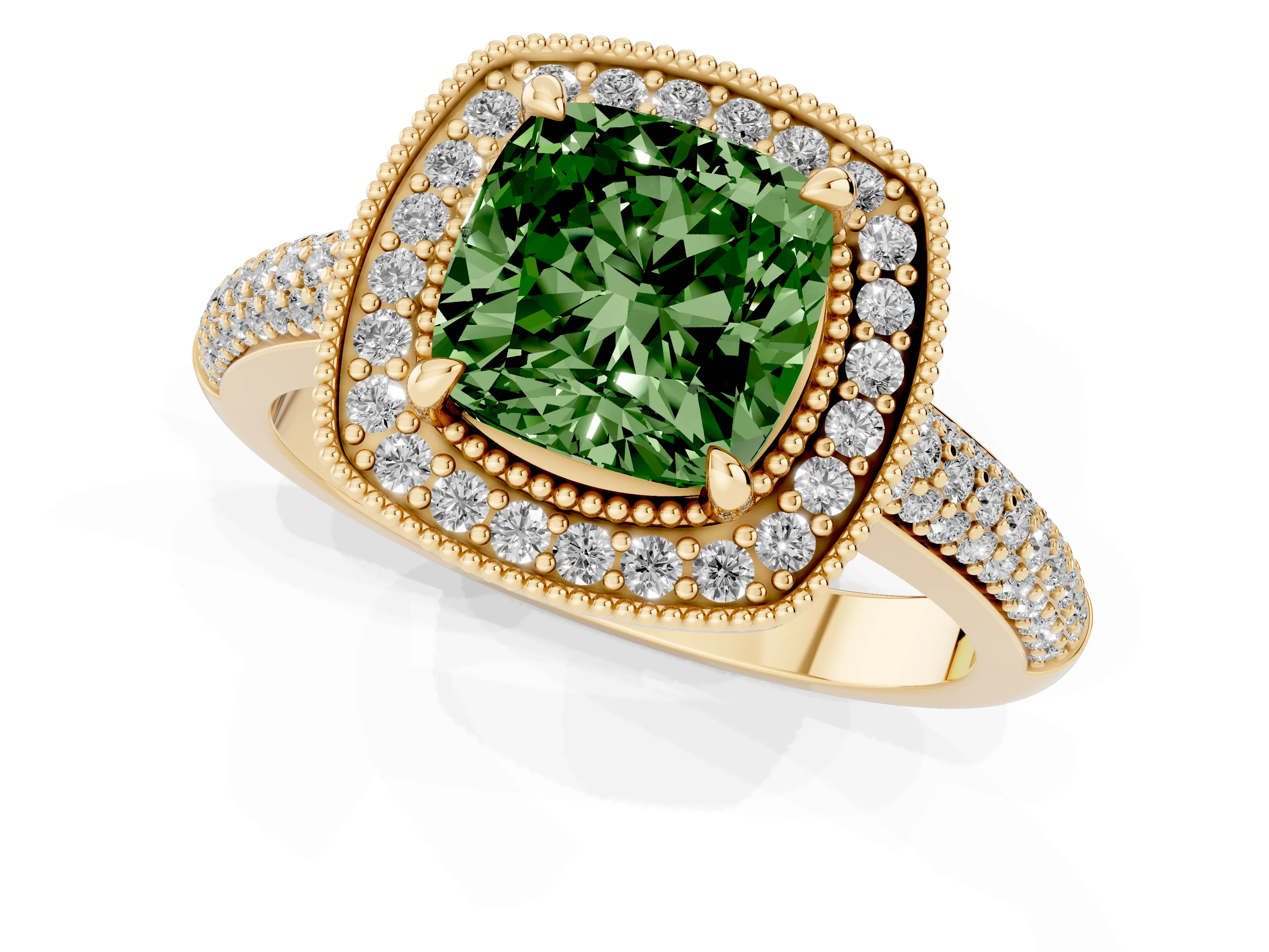 Fancy Green Cushion Cut Diamond Halo Pavé Band Set in Yellow gold with Prong Setting