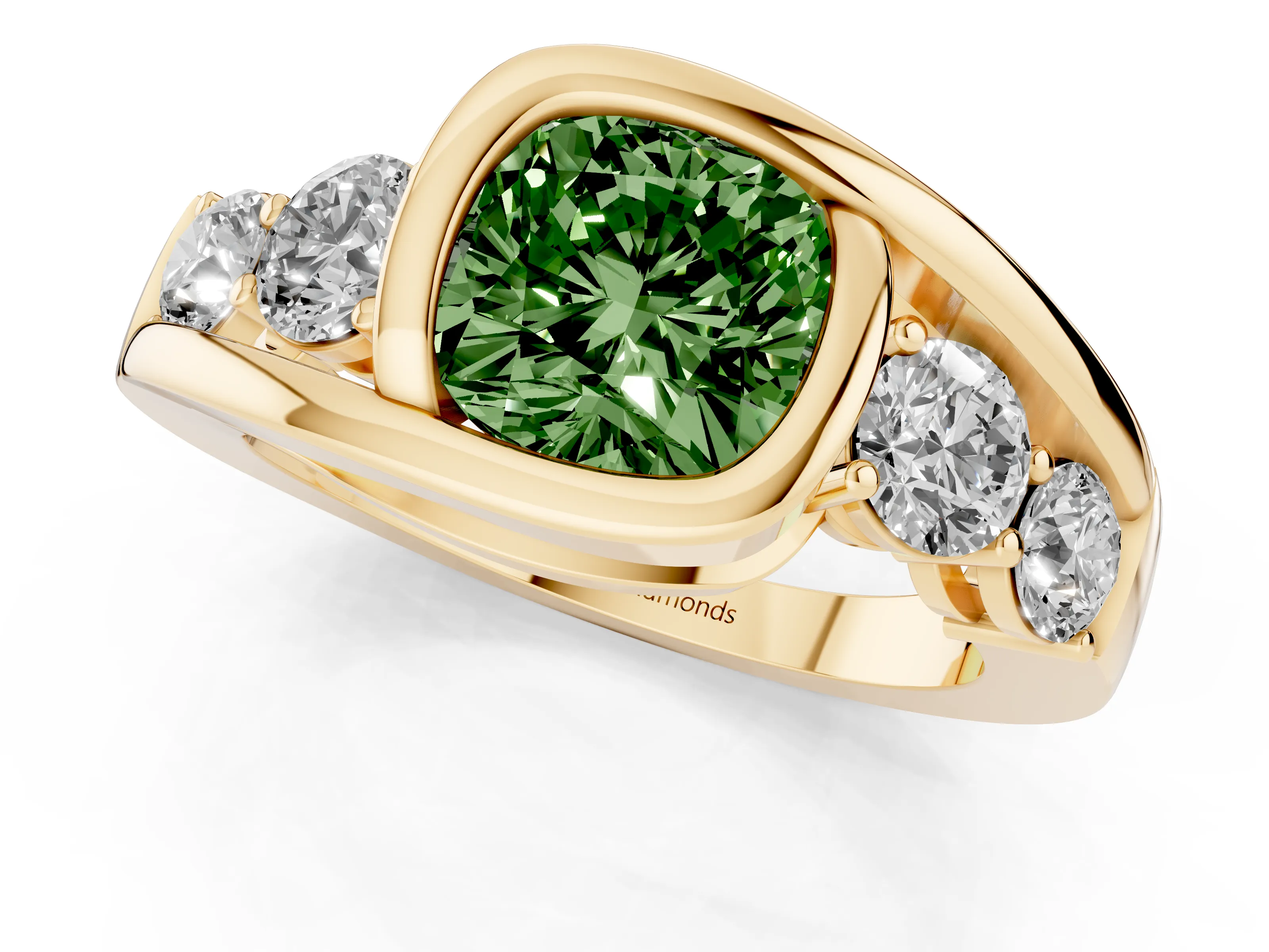Fancy Green Cushion Cut Diamond Bezel Bypass Ring Set in Yellow gold with Round Accents