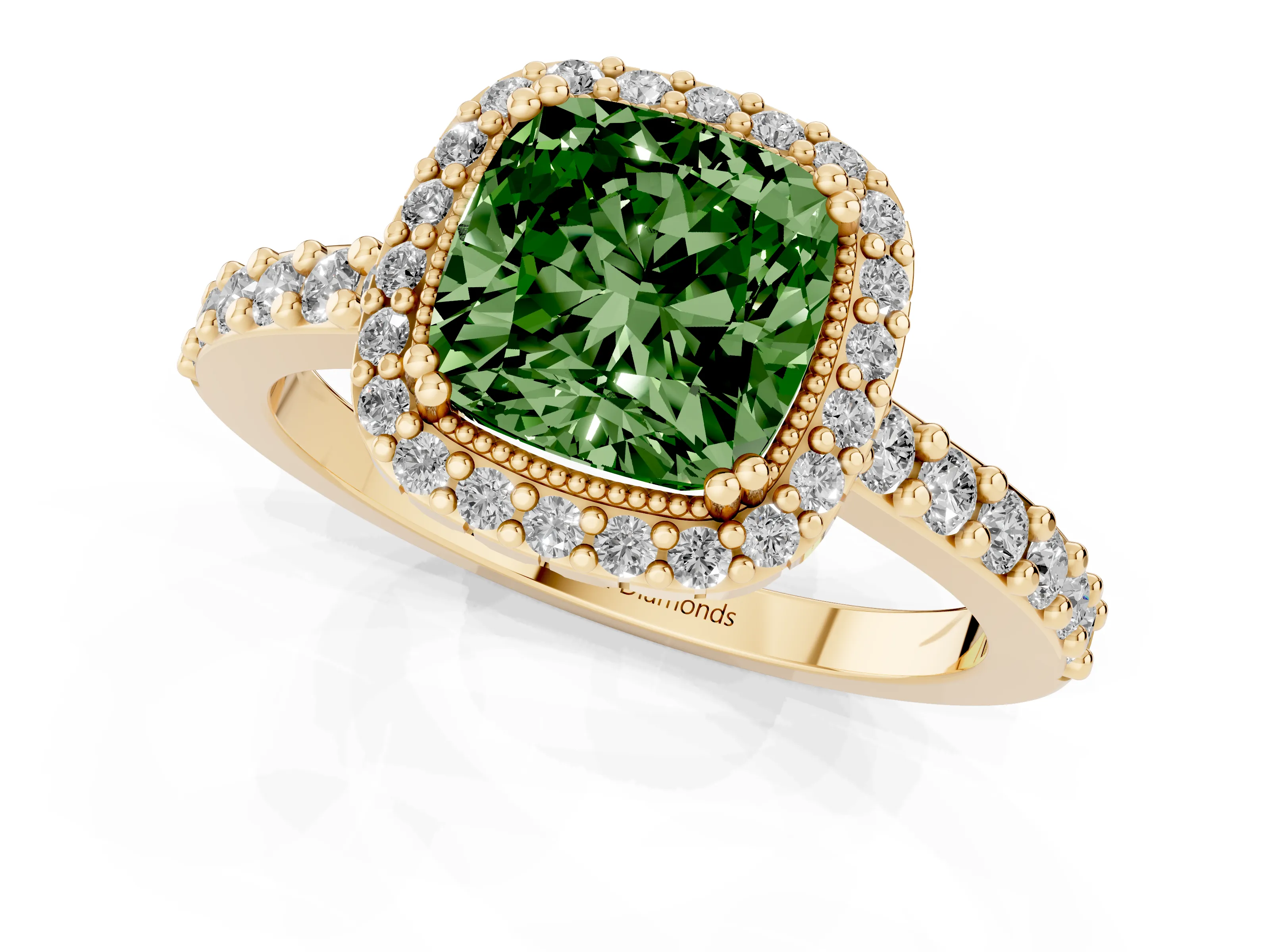 Fancy Green Cushion Cut Diamond Halo Engagement Ring Set in Yellow gold with Milgrain Detail and Pavé Band