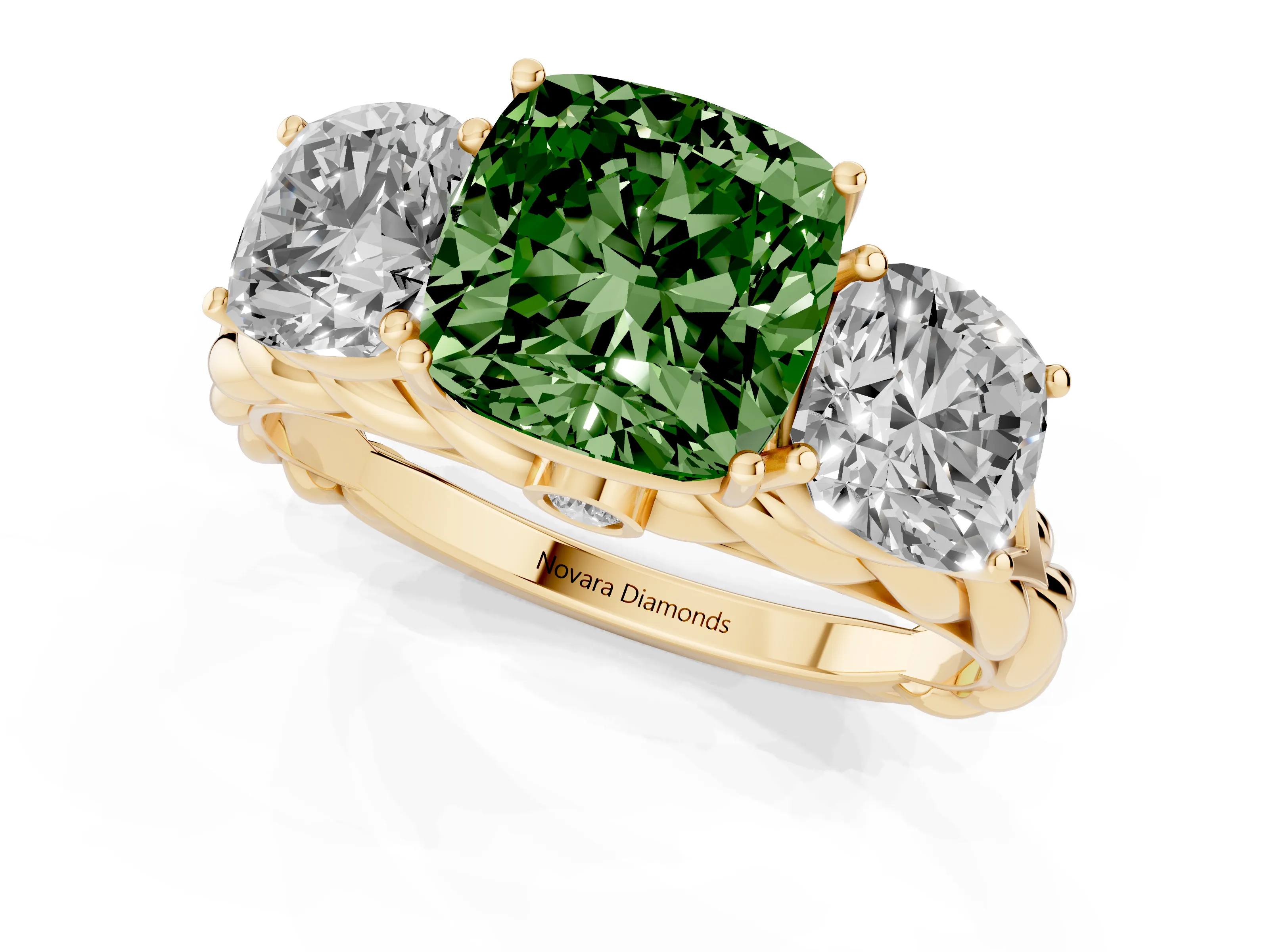 Fancy Green Cushion Cut Diamond Three-Stone Ring Set in Yellow gold with Braided Band