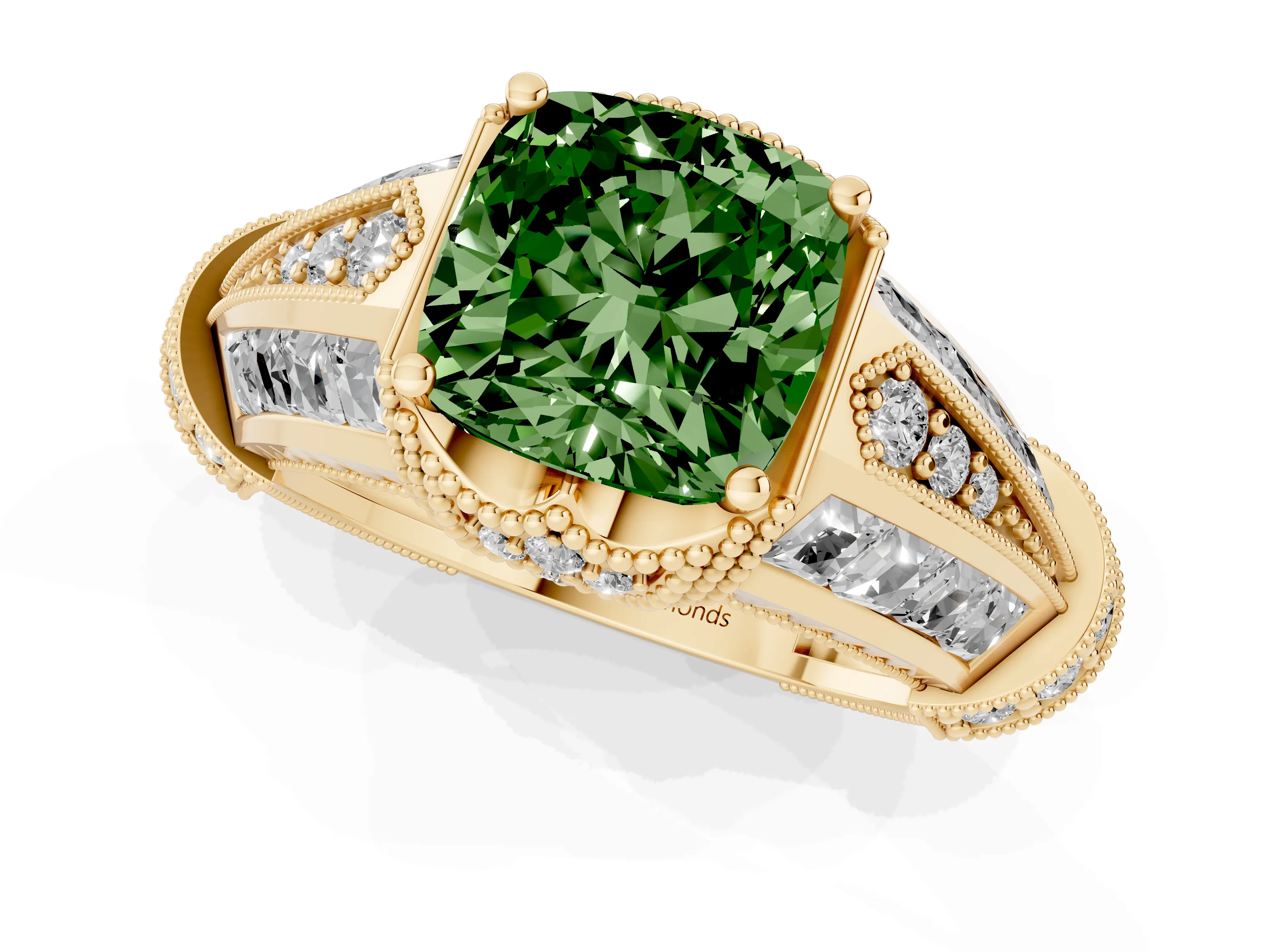 Fancy Green Cushion Cut Diamond Vintage-Inspired Milgrain Ring Set in Yellow gold with Accent Split Shank