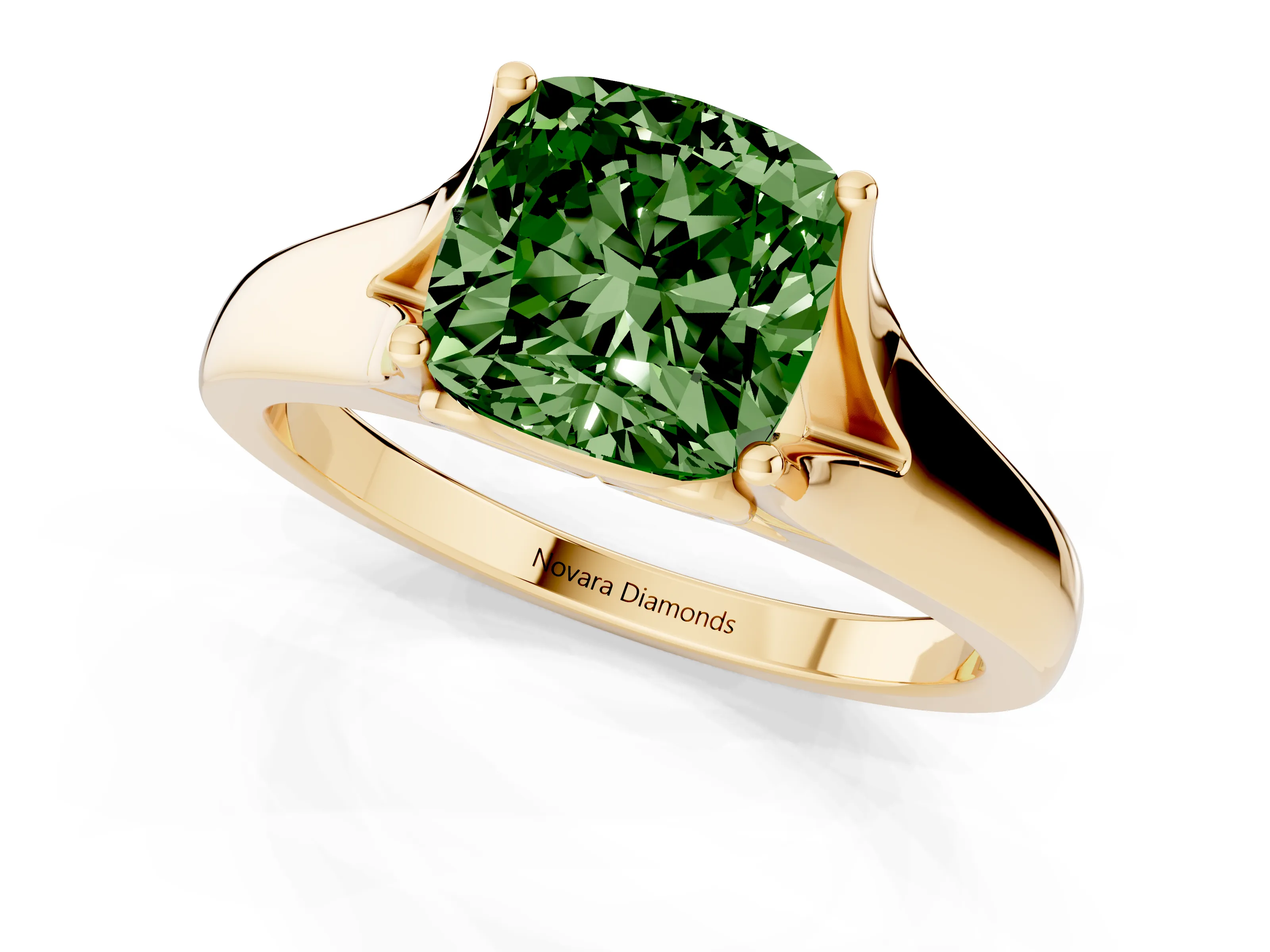 Fancy Green Cushion Cut Diamond Solitaire Ring Set in Yellow gold with Arched Cathedral Band and Prong Setting
