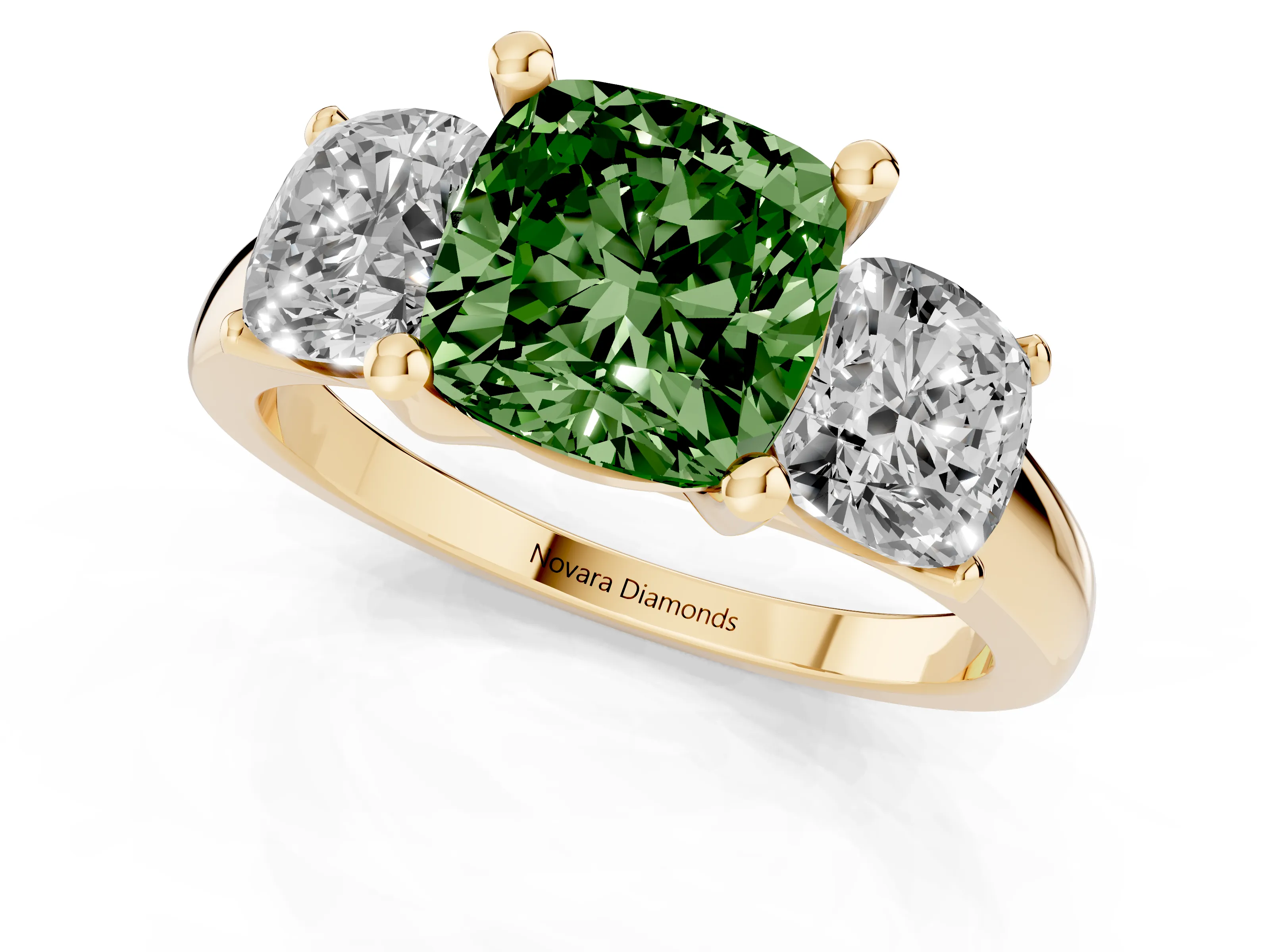 Fancy Green Cushion Cut Diamond Three-Stone Ring Set in Yellow gold with Classic Prong Setting and Plain Band
