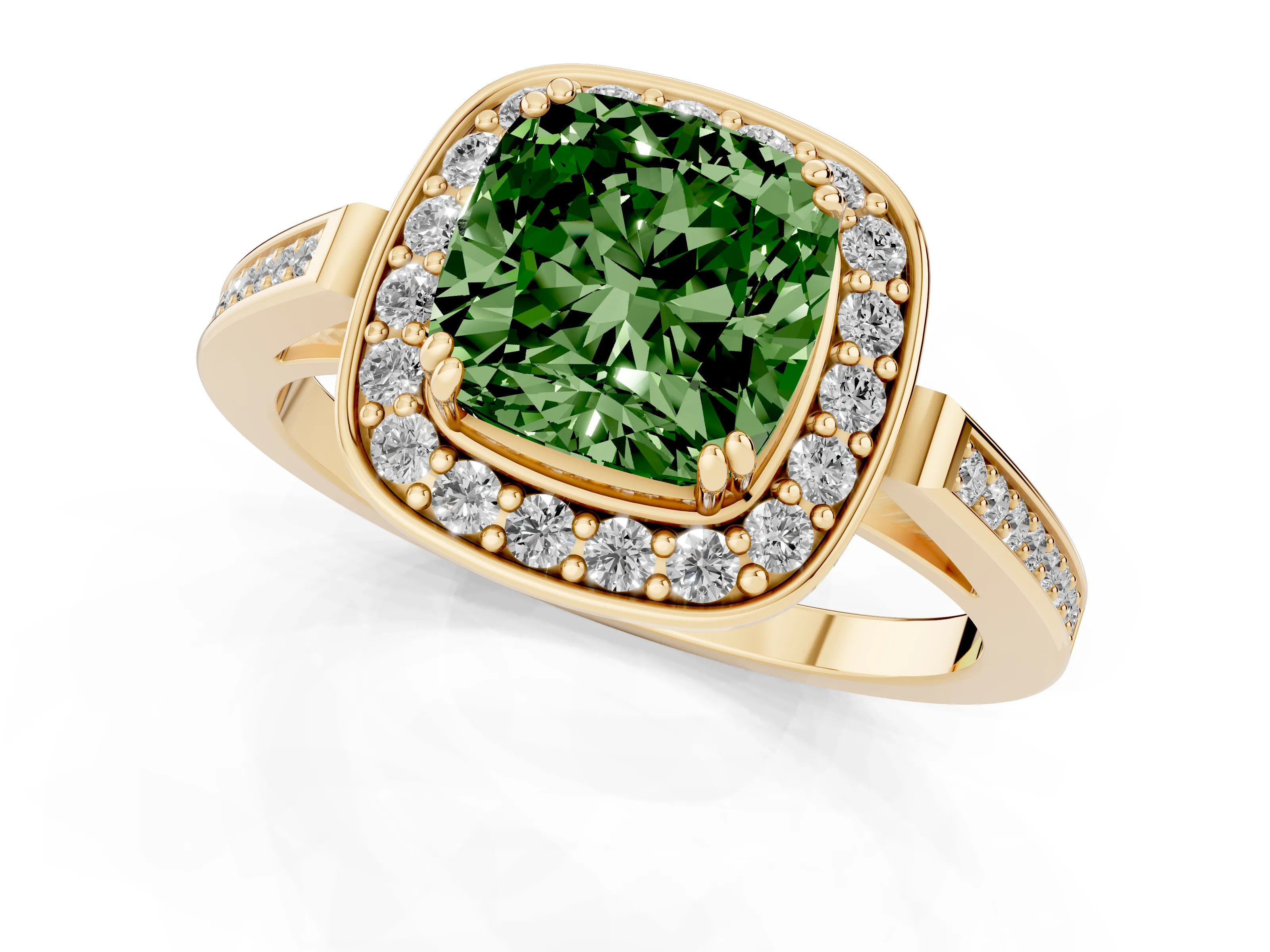 Fancy Green Cushion Cut Diamond Halo Ring Set in Yellow gold with Accent-Lined Split Shank and Prong Setting