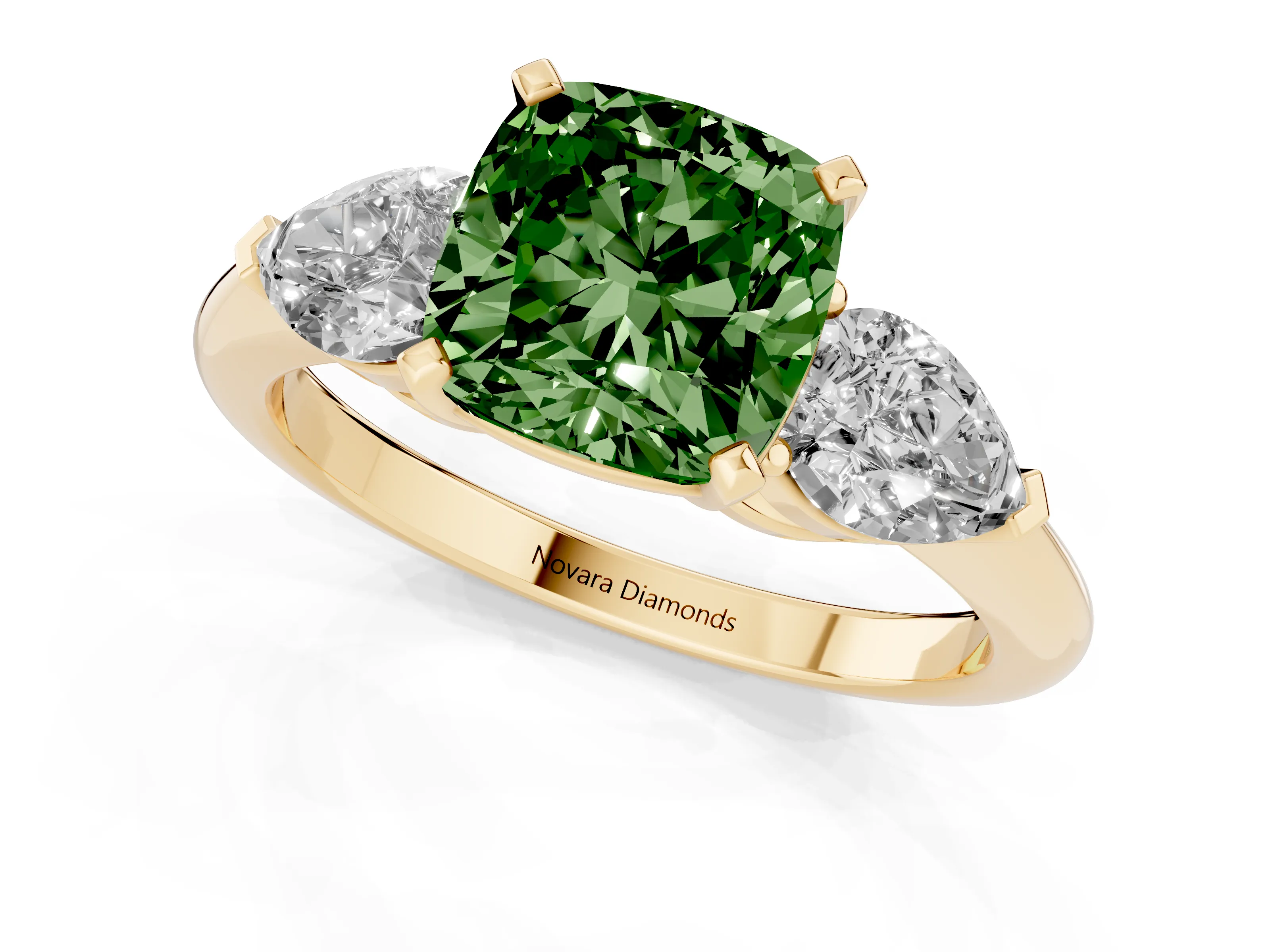 Fancy Green Three-Stone Cushion Cut Diamond Ring Set in Yellow gold with Pear Side Stones and Prong Setting