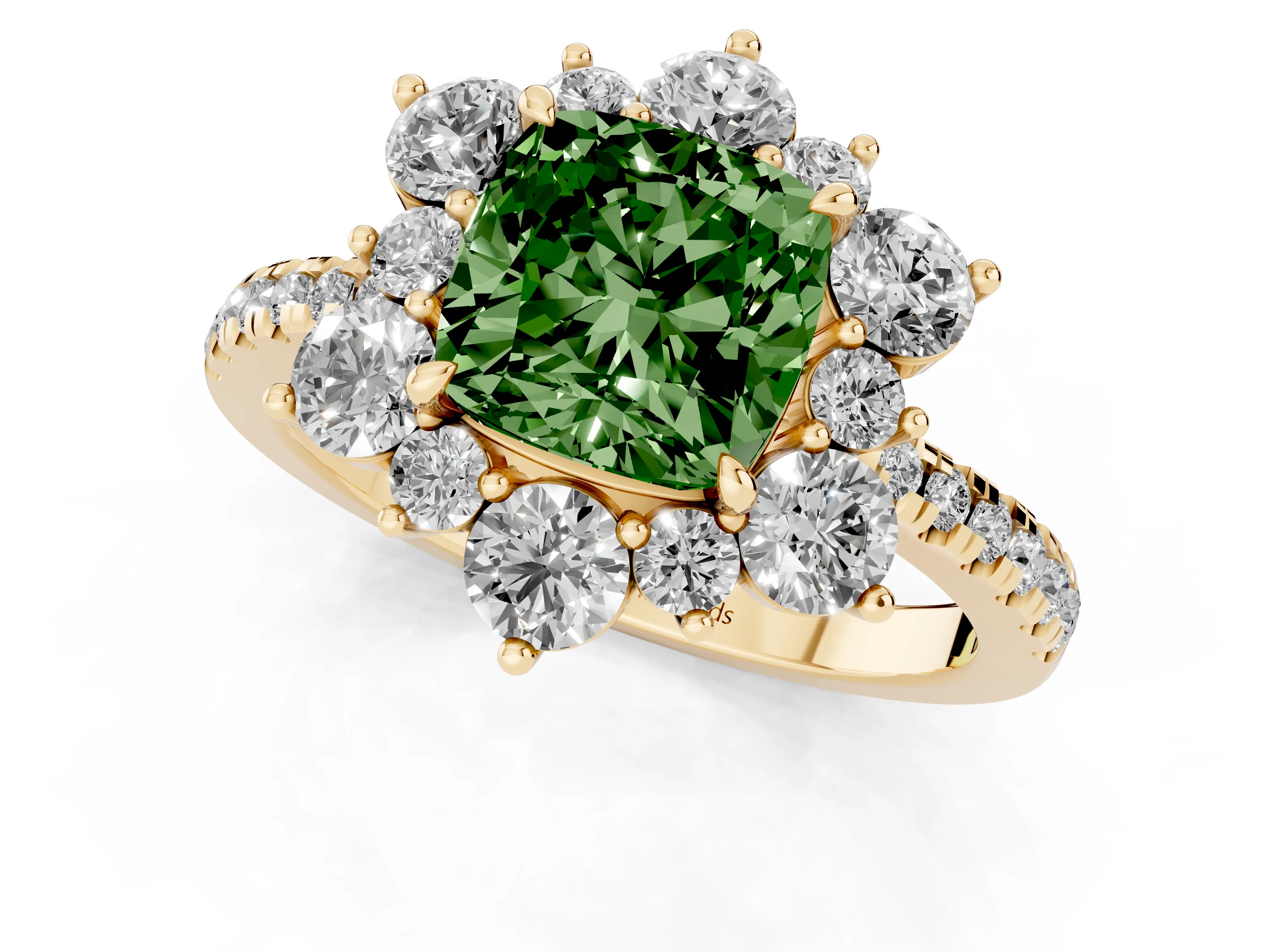 Fancy Green Cushion Cut Diamond Floral Halo Ring Set in Yellow gold with Round Pavé Band and Prong Setting – second view