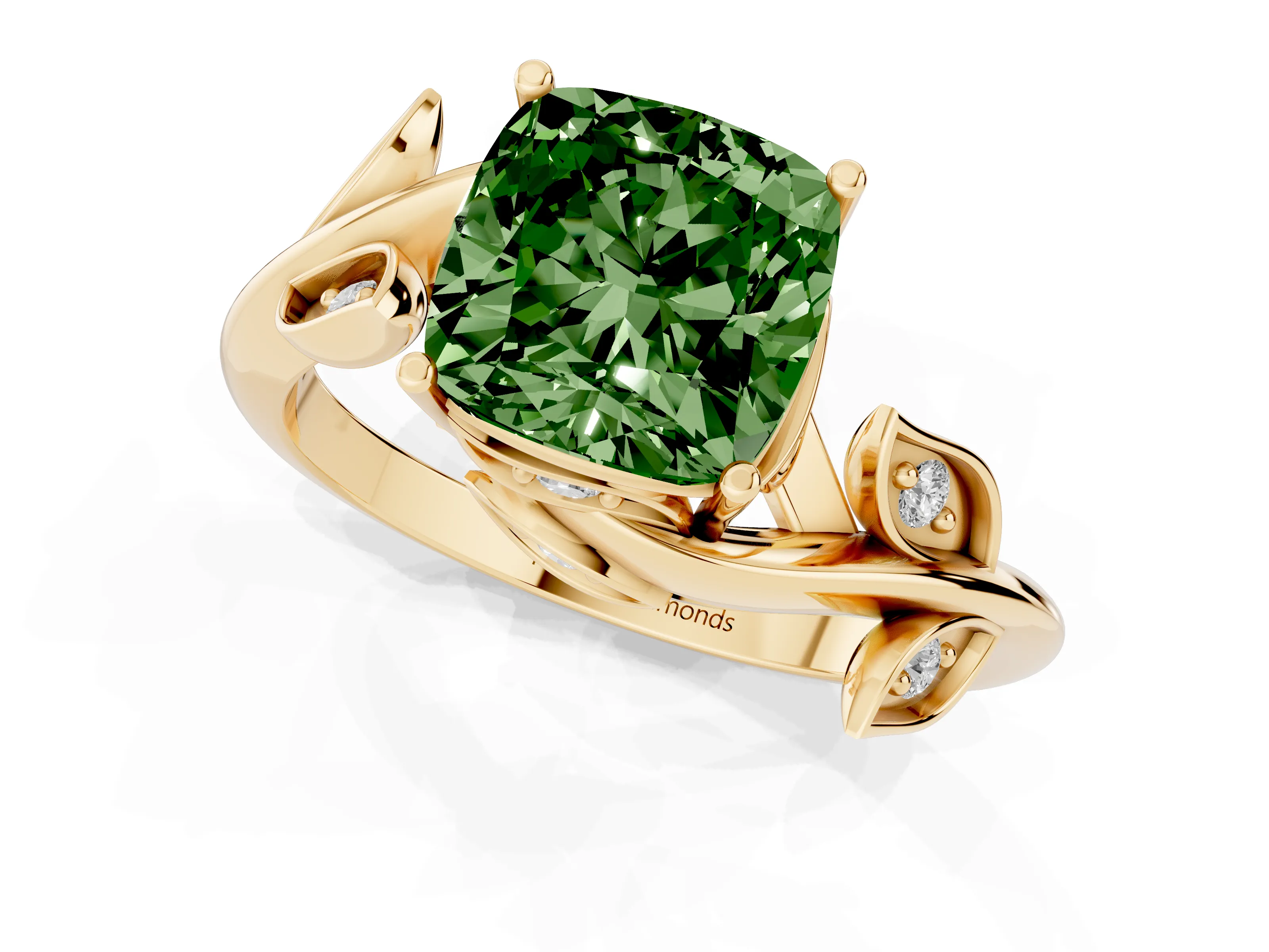 Fancy Green Cushion Cut Diamond Solitaire Twist Engagement Ring Set in Yellow gold with Pavé Leaf Accents