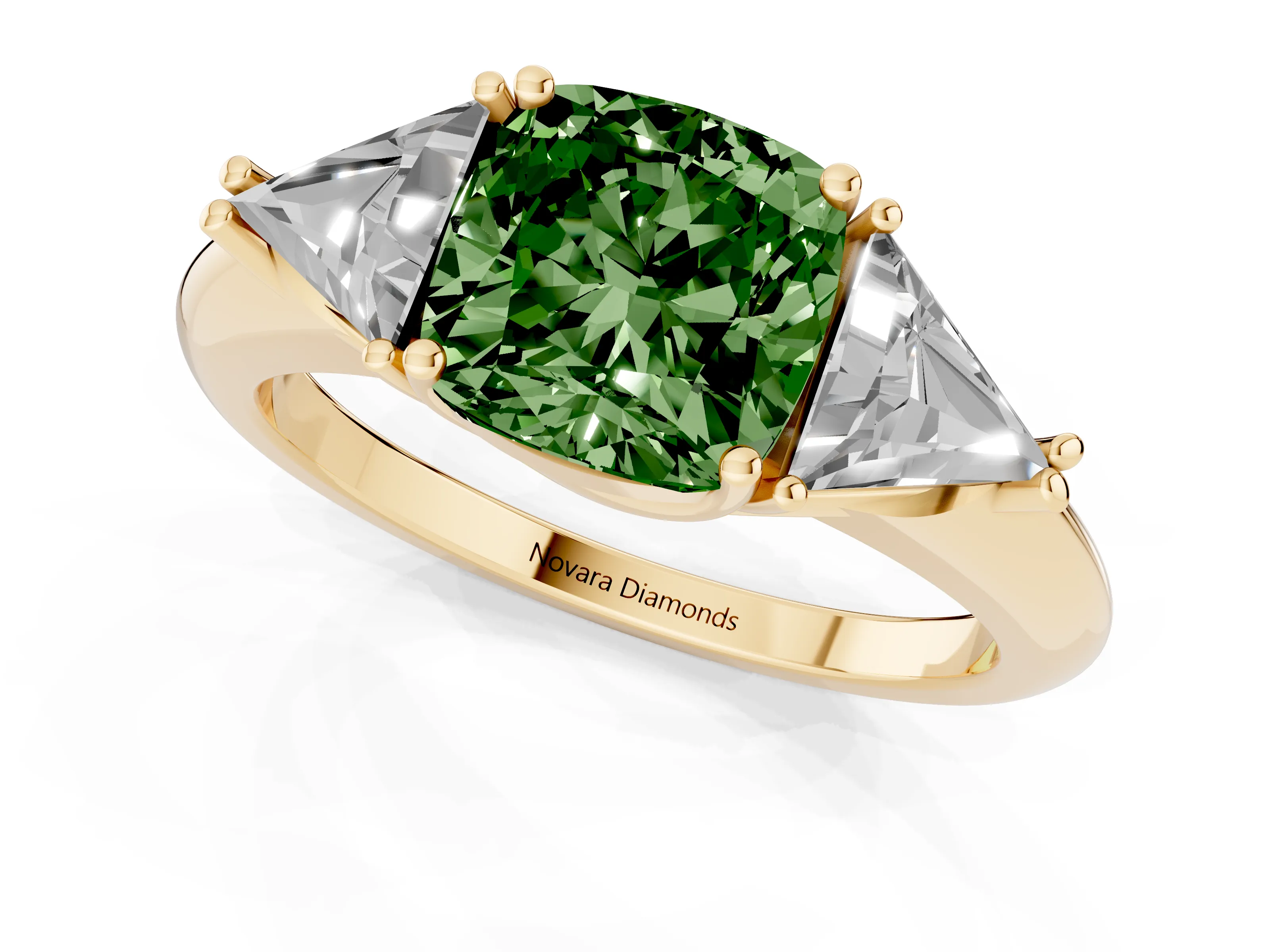 Fancy Green Cushion Cut Diamond Three-Stone Engagement Ring Set in Yellow gold with Trillion Side Stones