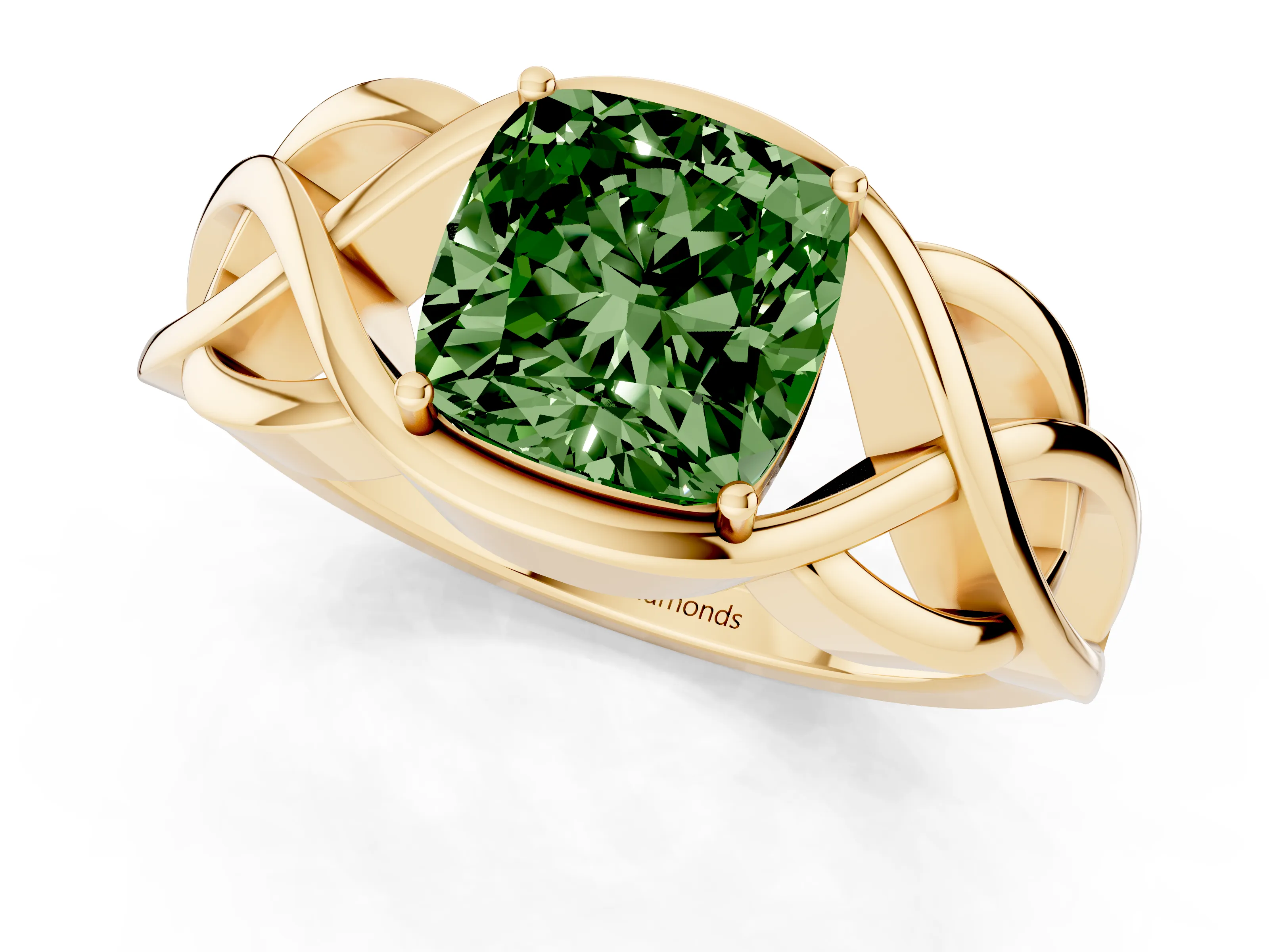Fancy Green Cushion Cut Diamond Solitaire Ring Set in Yellow gold with Intertwined Band