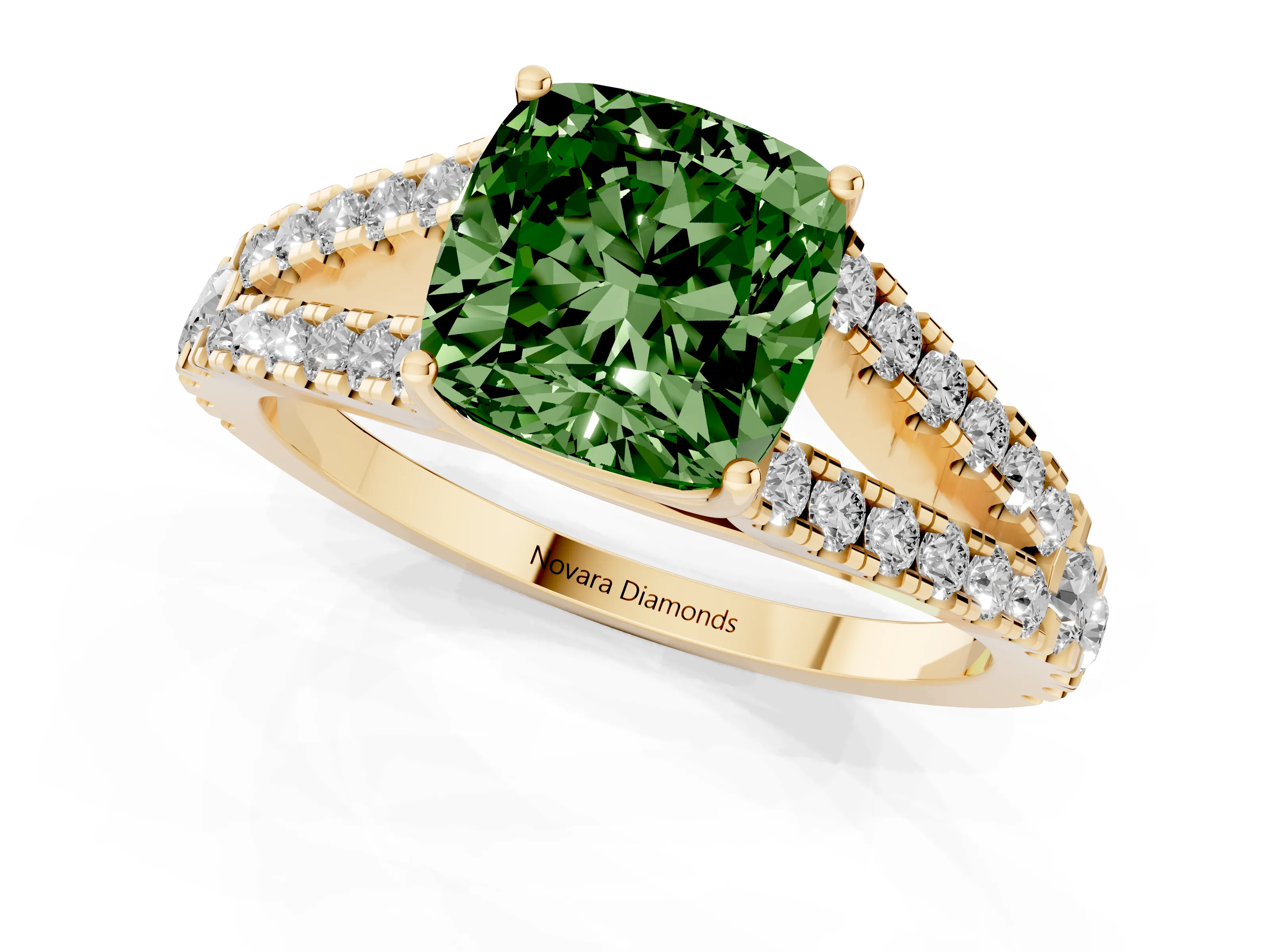 Fancy Green Cushion Cut Diamond Split Shank Pavé Engagement Ring Set in Yellow gold with Prong-Held Center Stone