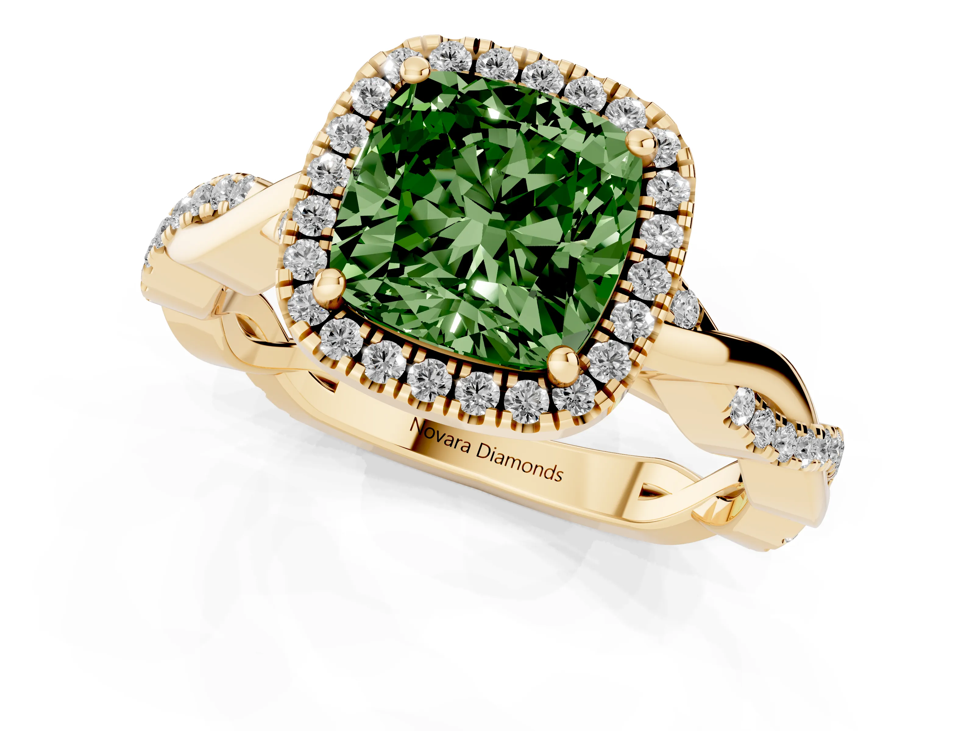 Fancy Green Cushion Cut Diamond Halo Twisted Band Ring Set in Yellow gold with Prong Setting